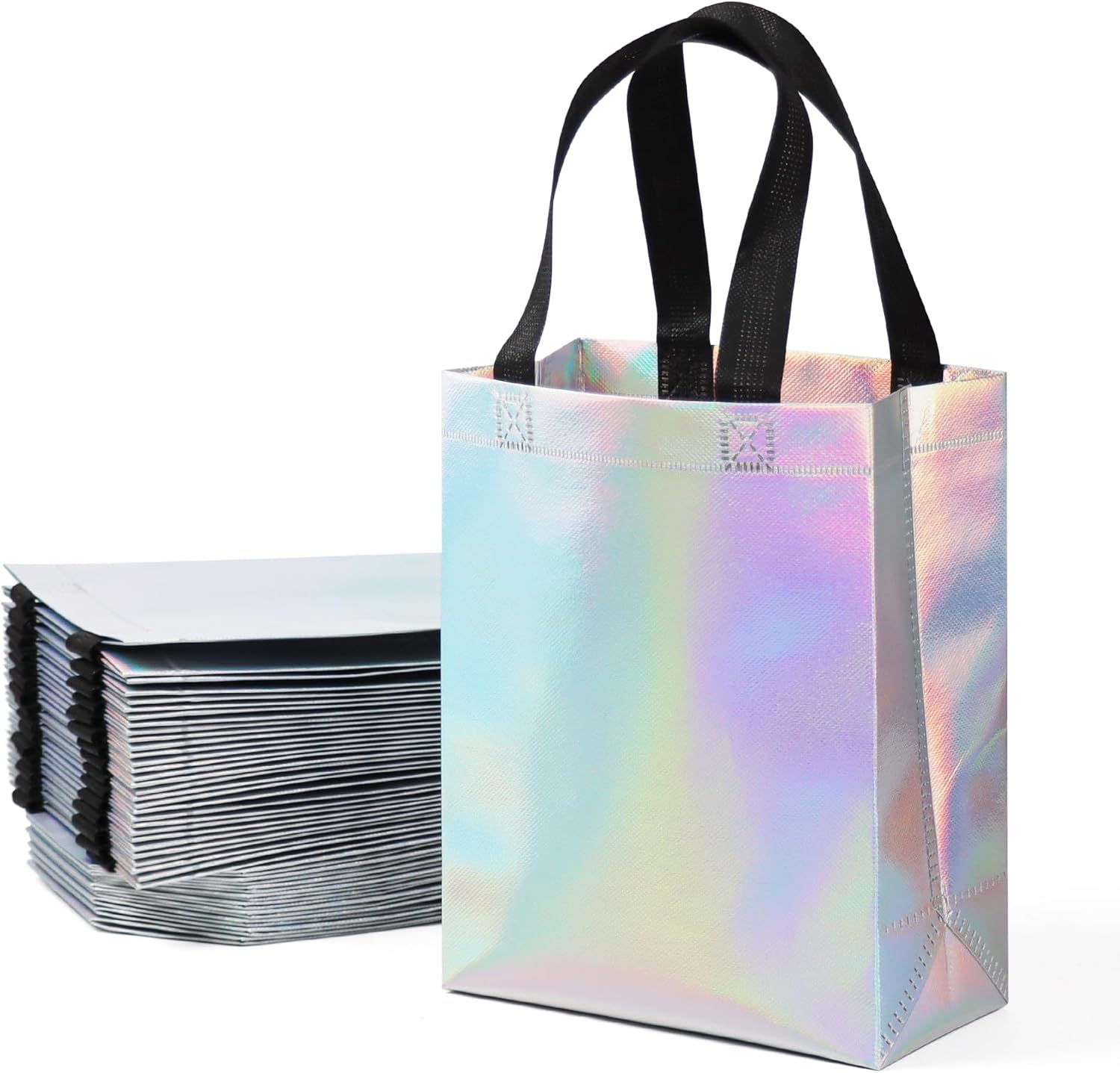 25 Pack Reusable Gift Bags Bulk, Iridescent Gift Bags with Handles, Medium Bag for Birthday, Wedding, Holiday, Party -8x3.9x9.8 In
