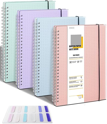 Paquete de 4 cuadernos de puntos, cuadernos en espiral de 5.9 x 8.3 pulgadas para el trabajo, la escuela y el diario con papel punteado de 110 GSM,