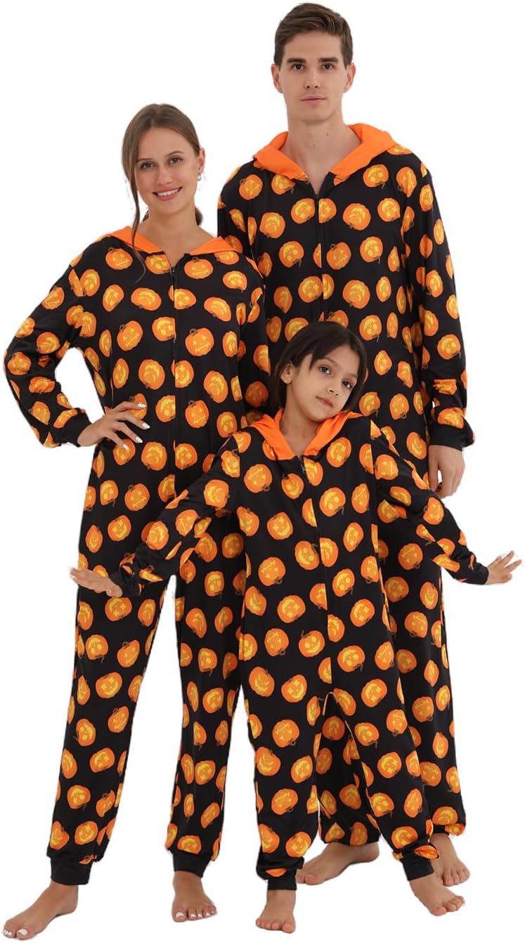 VNVNE Matching Halloween Onesie Pajamas for Family/Couples/Women/Men, Skeleton Holiday One Piece Adults Pjs Sleepwear Men Small Orange Pumpkin