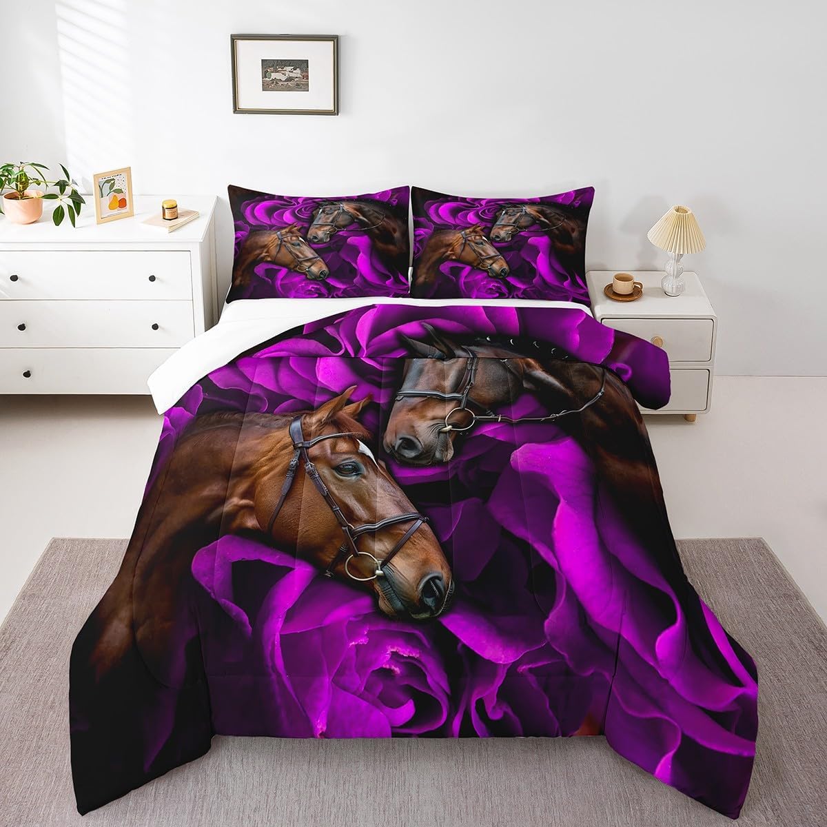 Wild Horse Kids Bedding Sets Rustic Brown Farmhouse Animal Comforter Set for Boys GirlsPurple Flowers Floral Black Quilt Soft Duvet Insert,1 Pillowcase Toddler Size