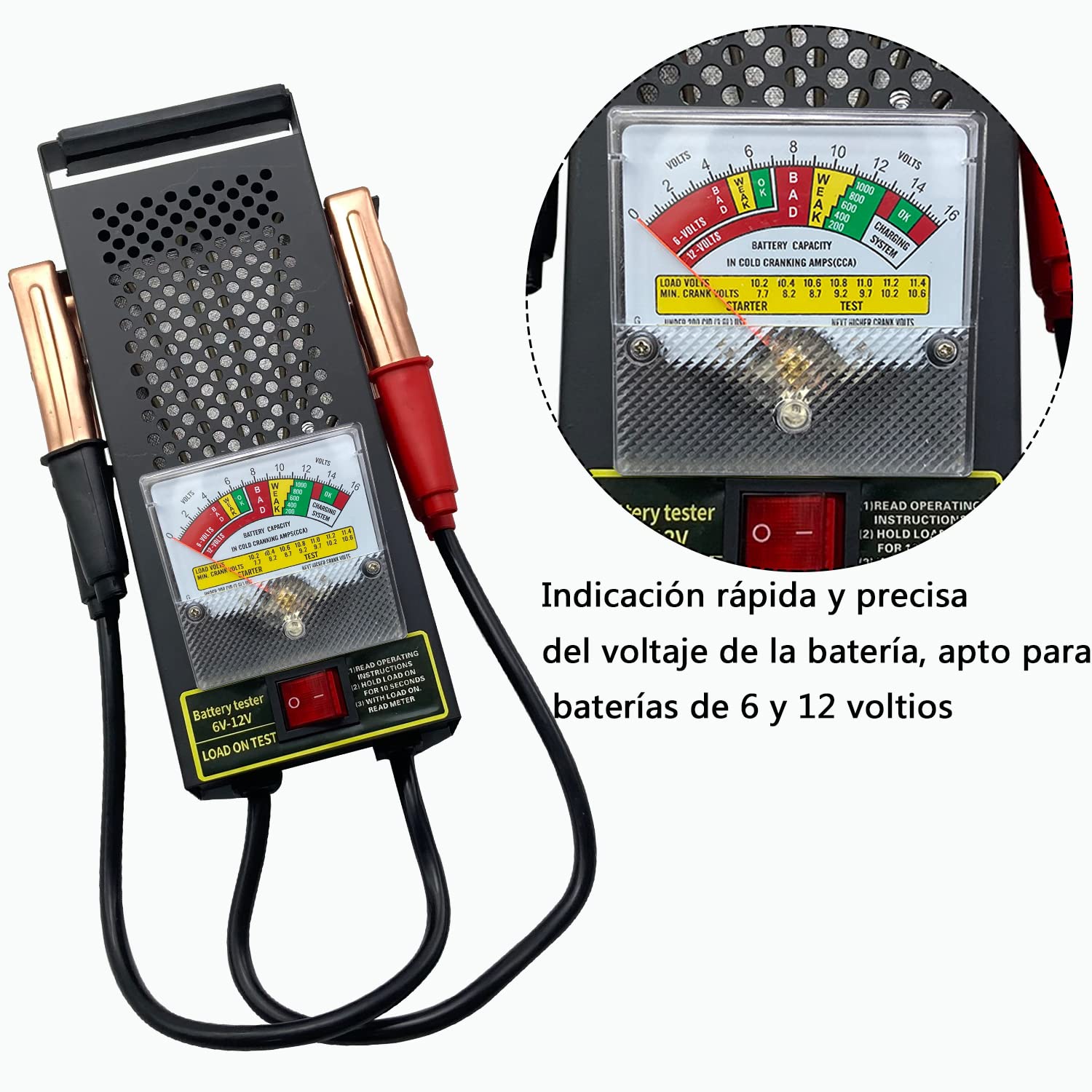 Probador de Batería 100A Probador de Carga de Batería, Probador de Carga de Batería de Coche 6V12V con Voltímetro y Pinzas Cocodrilo