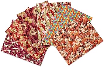 Fat Quarters Oriental Style Fabric Bundle, Asian Chinese Japanese Fish Floral Red Crowned Crane Great Wave Dragon Fabric Material Squares, 19.6 x 15.8Inch for Sewing Quilting Wrapping