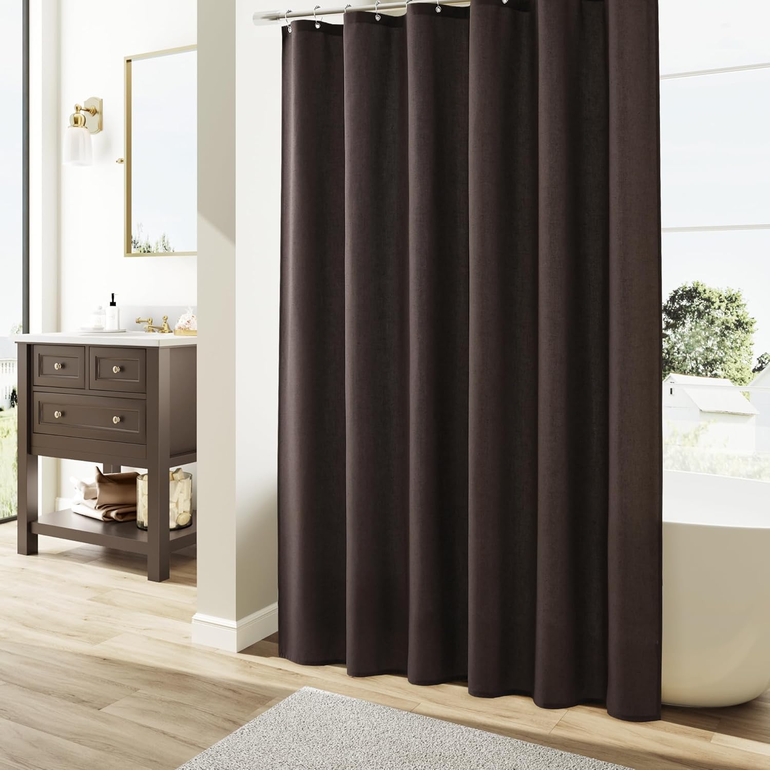 Naturoom Chocolate Brown Linen Shower Curtain, Country Boho Farmhouse Bath Decor Shower Curtains Neutral Cloth Weighted Textured Fabric Bath Curtain Liner with Hooks, 72x80