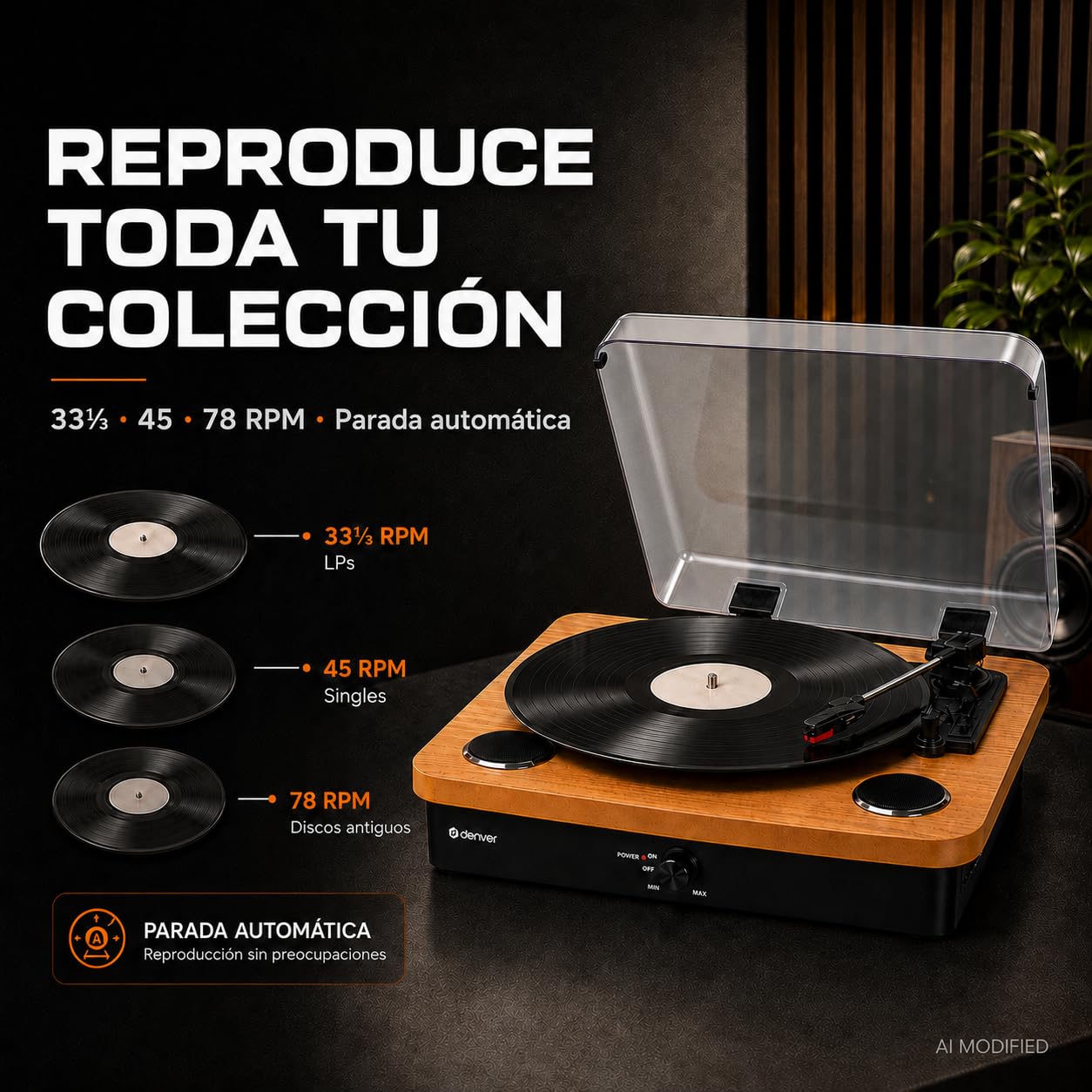 Denver VPL-230LW Tocadiscos Bluetooth, 3 velocidades 33/45/78 RPM, Altavoces Integrados, USB/SD MP3, Salida Phono, Madera Clara