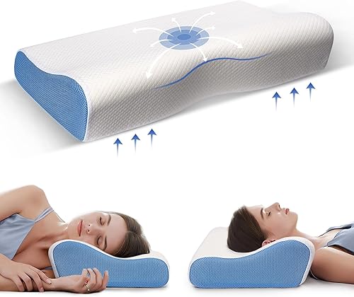 Almohada cervical de espuma viscoelástica con funda extraíble lavable (azul-estándar), almohada para dormir de lado y espalda, almohada para aliviar