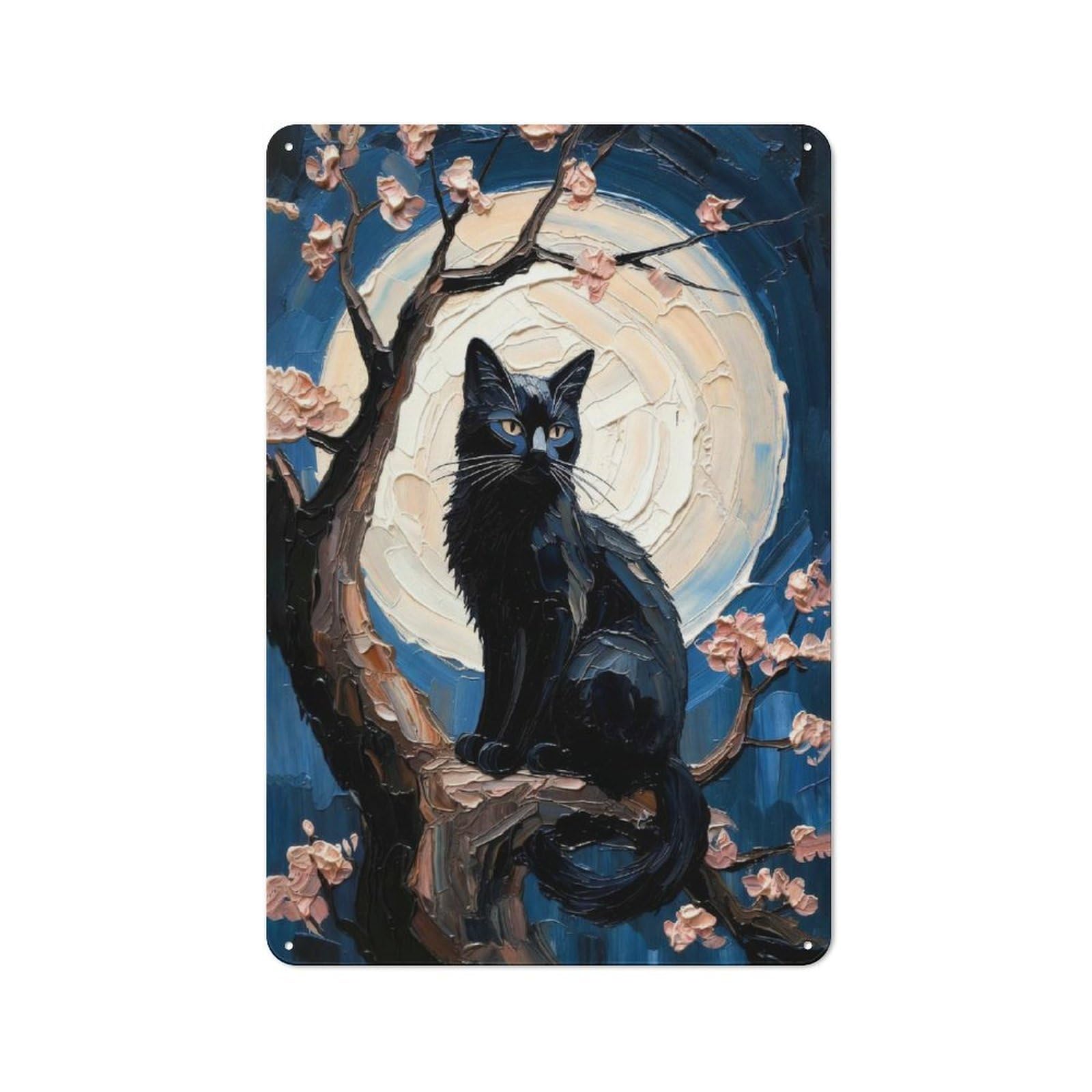 Junmoney Style-20 Rustic Majestic Black Cat Under Impasto Full Moon - Nocturnal Oil Painting Tin Wall Plaque 30X20cm, Rustic Kitchen Decor For Cottage, Kitchen, Hallway Or Breakfast Nook