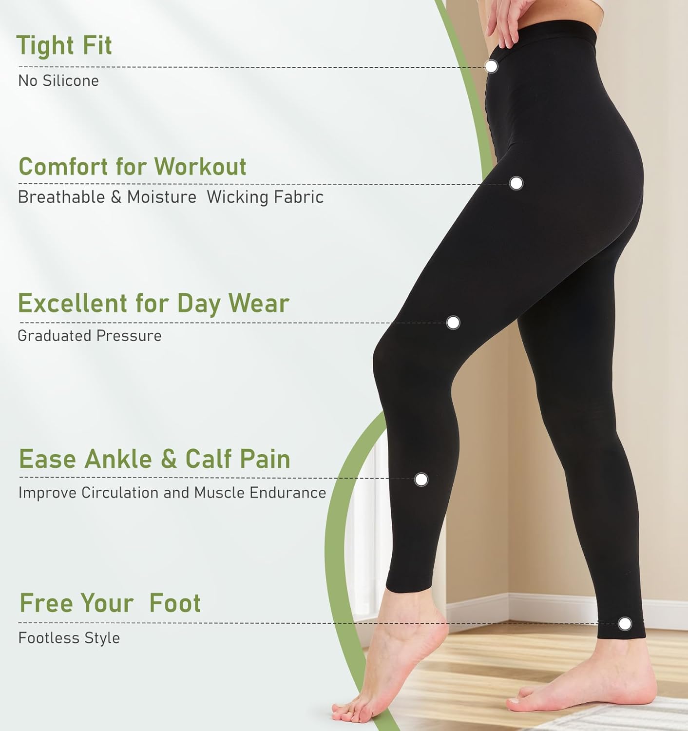 KEKING Medical Compression Pantyhose for Women & Men, Comfort 15-20 mmHg Graduated Compression Support Stockings, Footless Compression Tights for Varicose Veins, Edema, Flight, Black M - Image 2