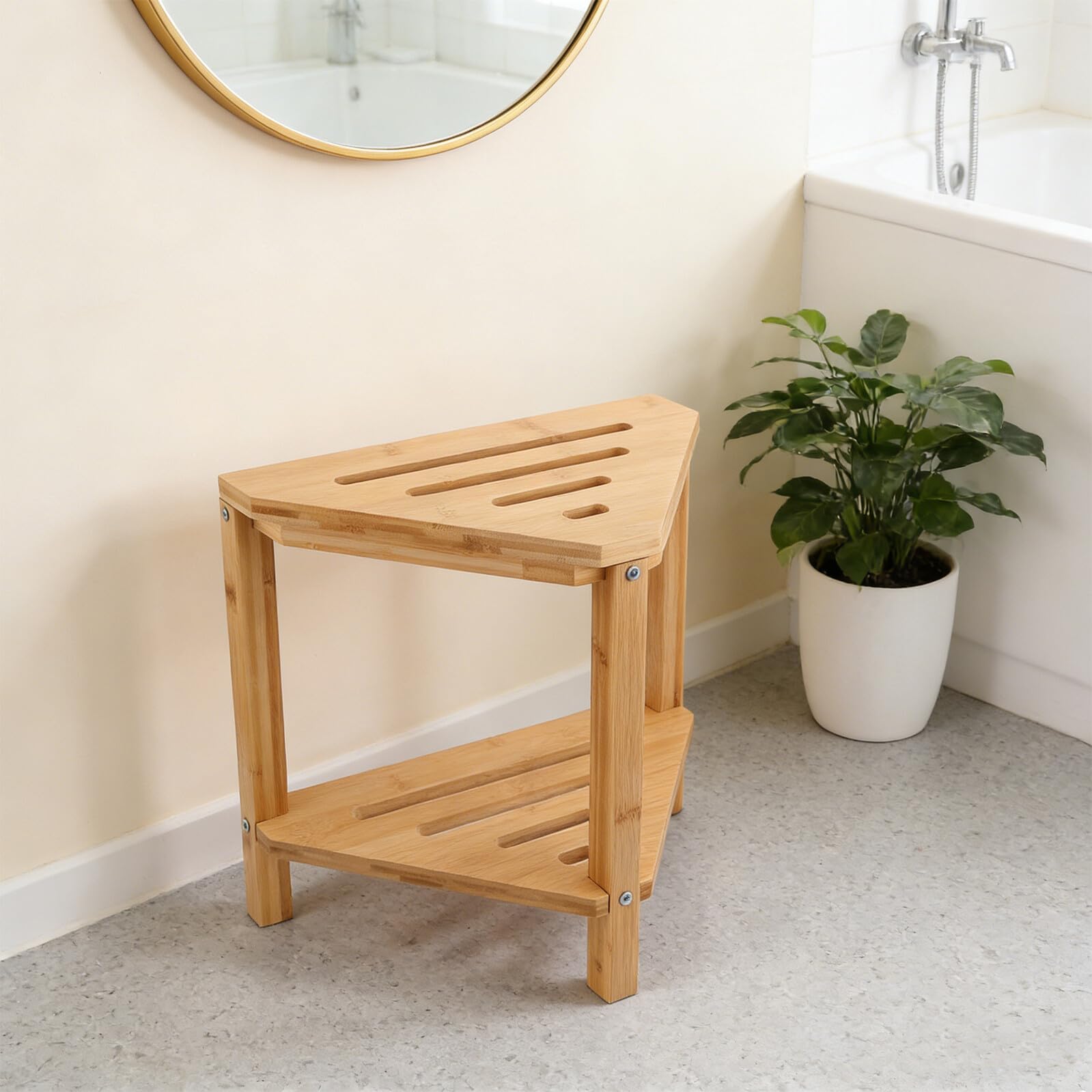 Bamboo Corner Shower Bench Footrest with Storage Shelf for Shaving Legs And Bath Use