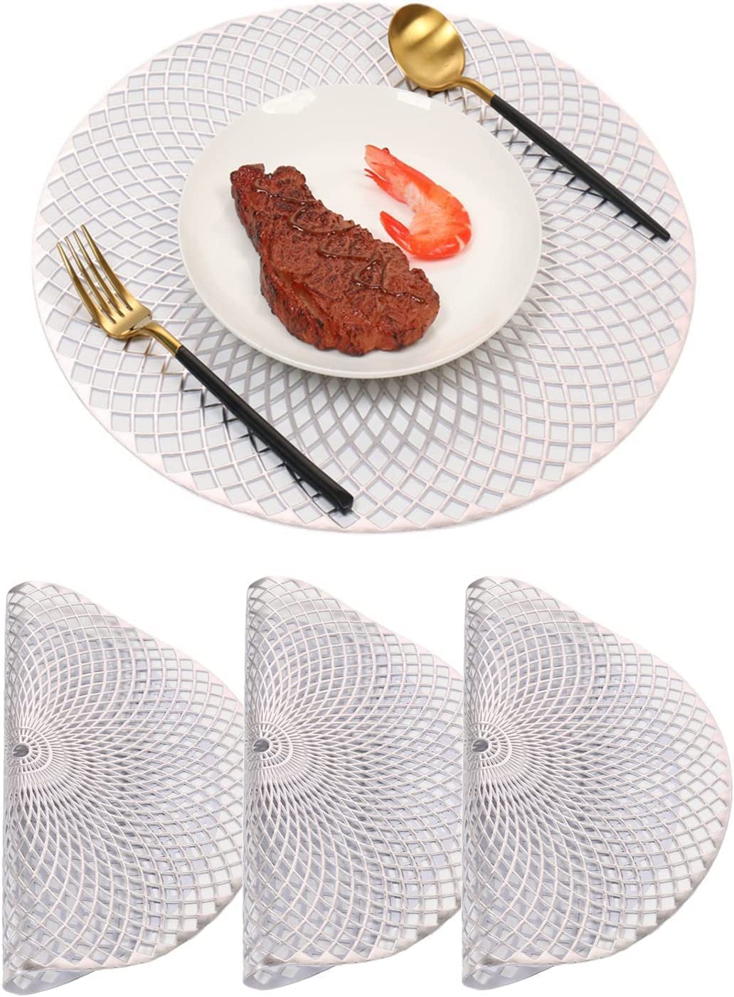 BIMYOU European-Style High-End Insulation Placemat Non-Slip PVC Teacup Mat Household Anti-Scald Circle and Creative Phnom Penh Hollow Coaster(Silver Color) (European-Style Round Design)