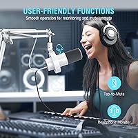 Vista 6 de FIFINE - Micrófono dinámico con brazo articulado, micrófono vocal de estudio XLR, kit de micrófono USB para PC con botón de silencio, perilla