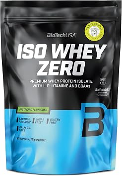 BioTechUSA Iso Whey Zero | Premium Whey Protein Isolate | Grass-Fed | Enzyme-Free | Sugar- and Gluten-Free, 454 g, Pistachio | With BCAA and glutamine, lactose reduced, sugar-free, gluten free, 21 g protein per serving, 454 g, pistachio
