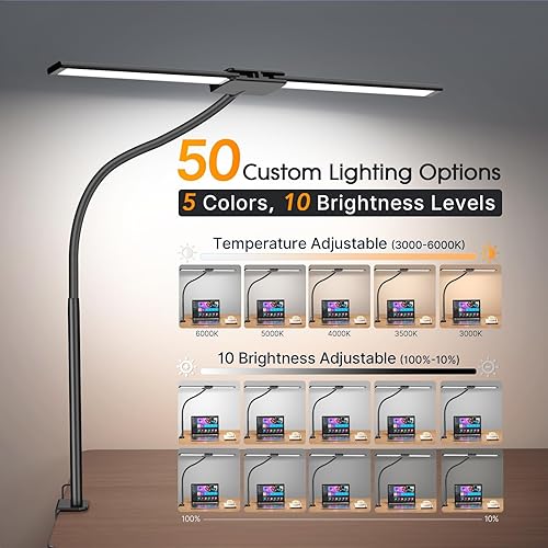 Miniatura 2 de Syrinx Lámpara de escritorio LED para oficina en casa  Luz de escritorio de doble cabezal con cuello de cisne flexible, abrazadera, control por