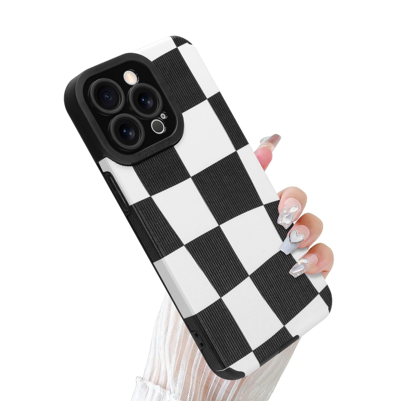 Wlxee Case for iPhone 15 Pro Checkered Pattern Design Soft TPU Bumper PU Leather Back Shockproof Slim Cover for Female Girls Men - Black White