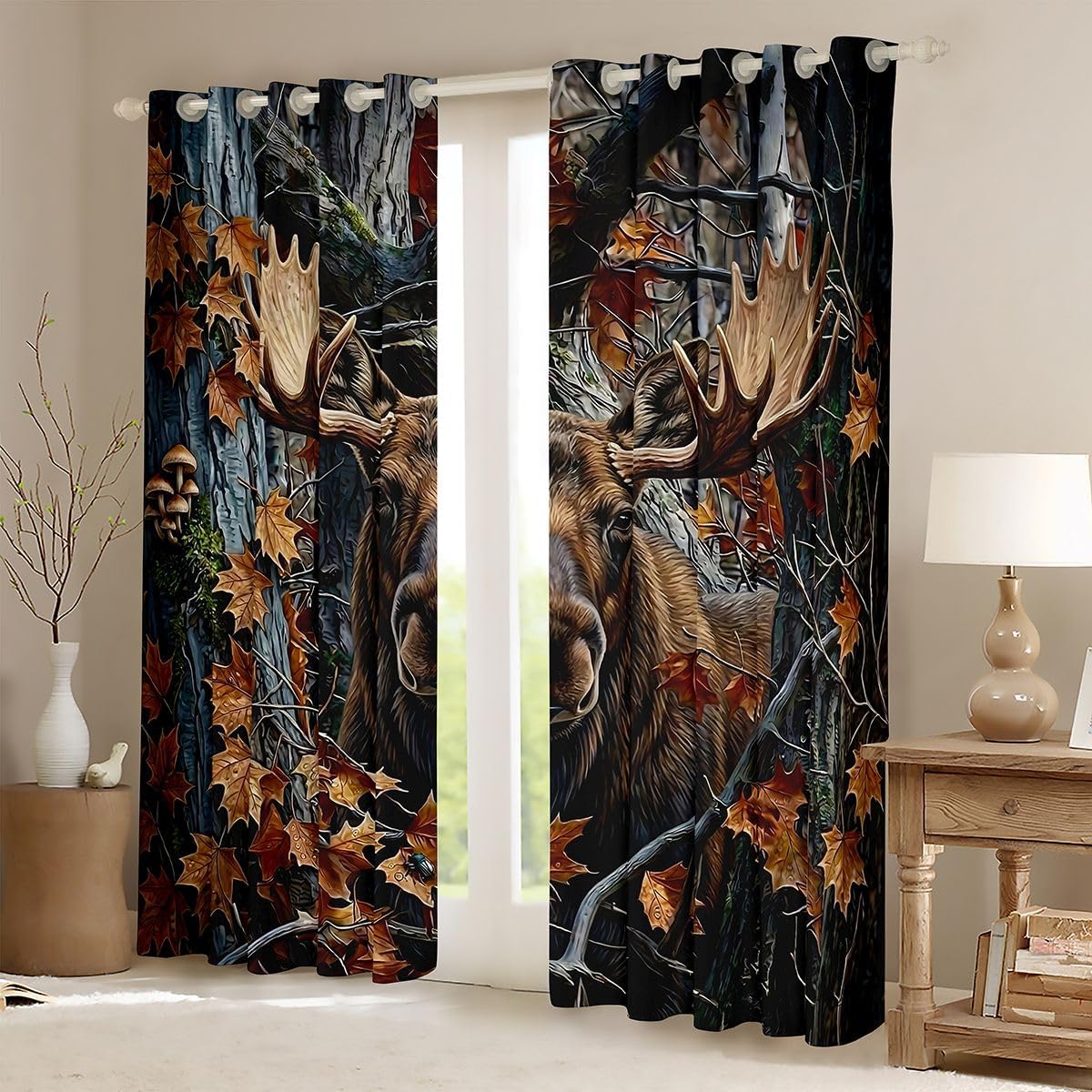 Feelyou Camo Moose Blackout Curtains Wild Animal Darkening Drapes for Bedroom Living Room Decor Hunting Thermal Insulated Shades Tree Camouflage Window Treatments, 2 Panels 38 x 54 Inch