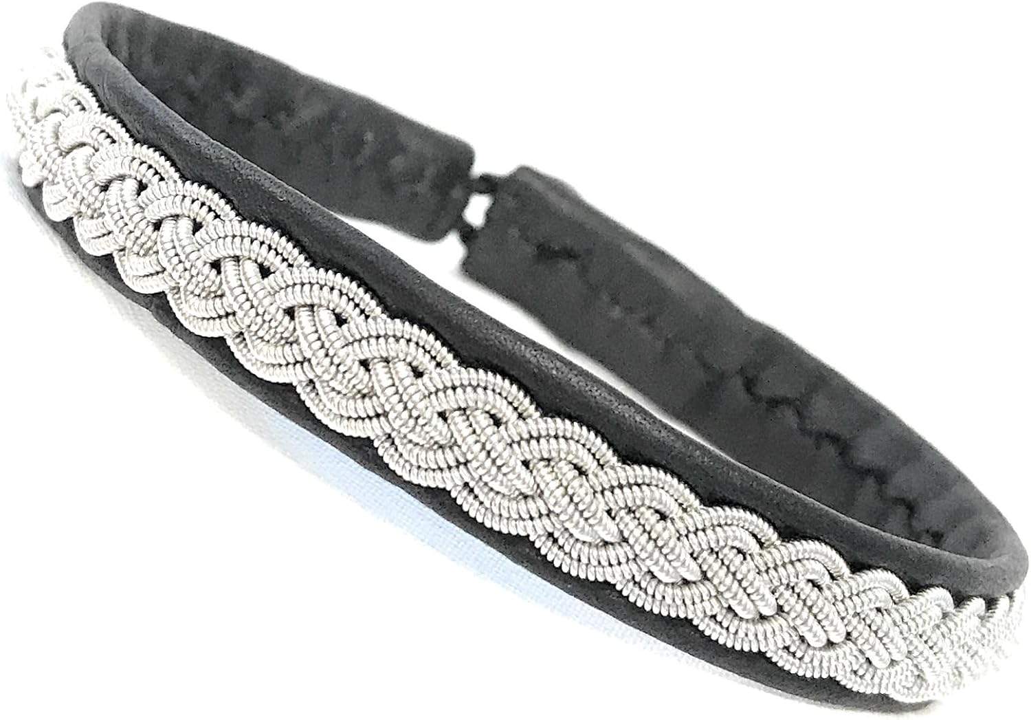 Lapland Sami Handmade Bracelet In Reindeer Leather And Braided Silver/Pewter Thread, Traditional Bracelet Made To Order, Reindeer Antlers Button.