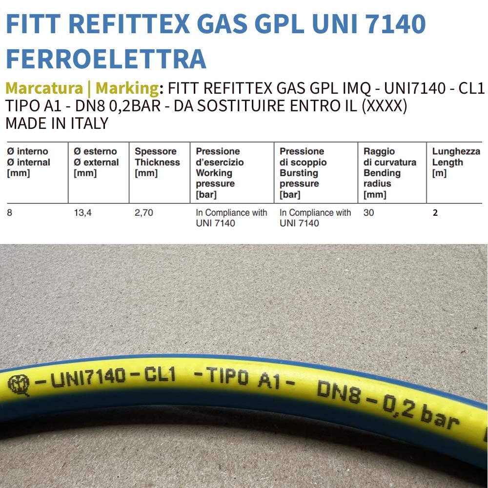 FERROELETTRA Kit Tubo flessibile per gas GPL in PVC - Ø8x13,4 mm, 2 m - Conforme alla normativa UNI7140 - Made in Italy