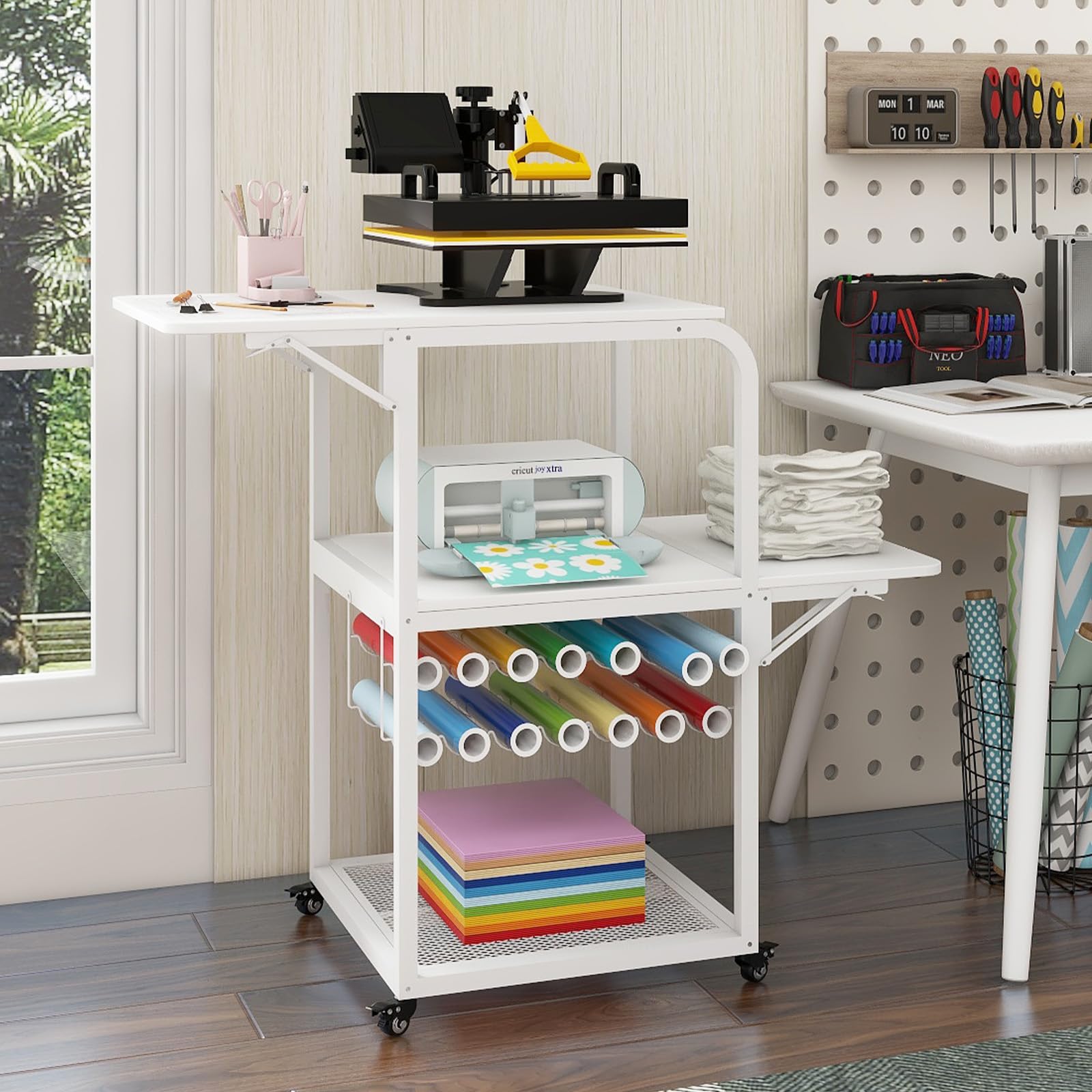 Mesa de prensa de calor móvil PUNCIA con soporte para rollo de vinilo, mesa para prensa de calor con estante plegable, banco de trabajo para máquina de transferencia de sublimación DIY con almacenamiento, carrito con ruedas para prensa de calor artesanal.
