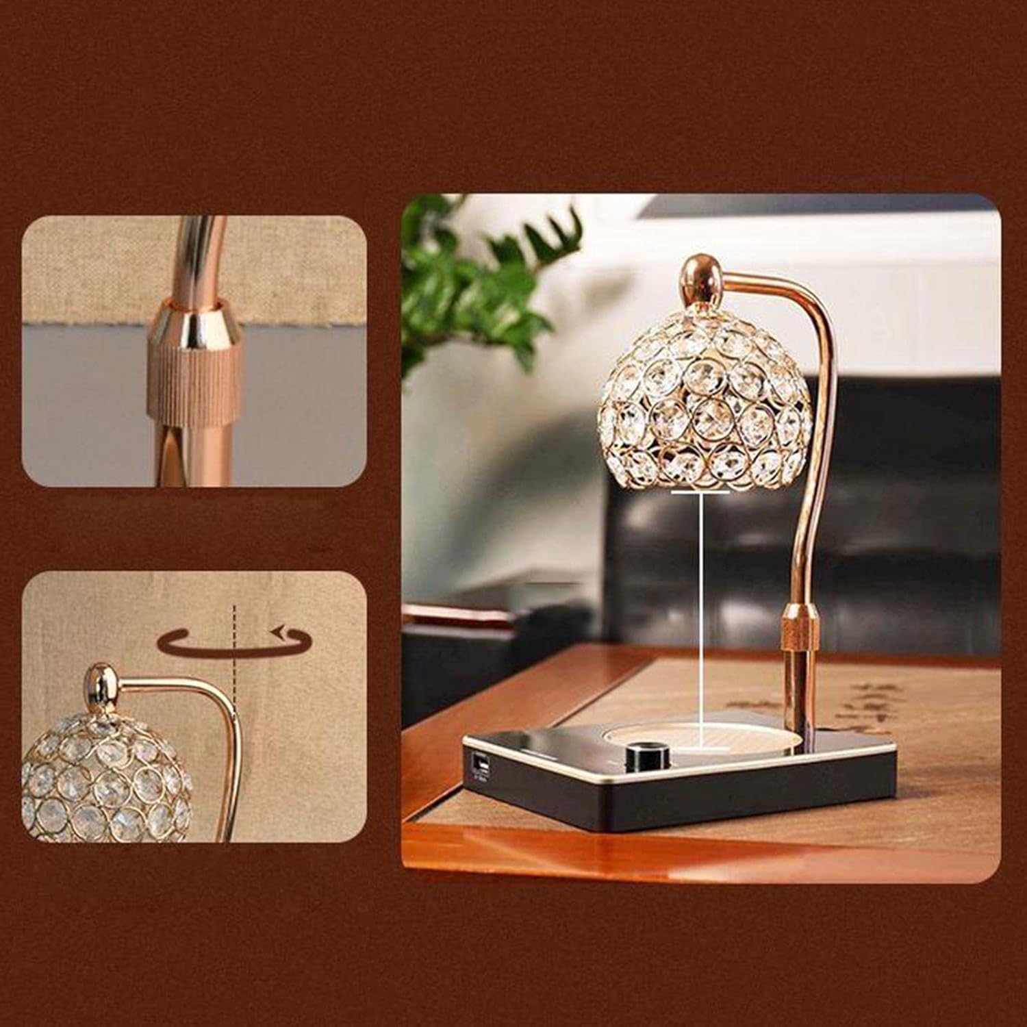 キャンドルウォーマーランプ、USBポート付きキャンドル溶解ランプ、高さ調節と調光機能付きテーブルデコレーション, ゴールド