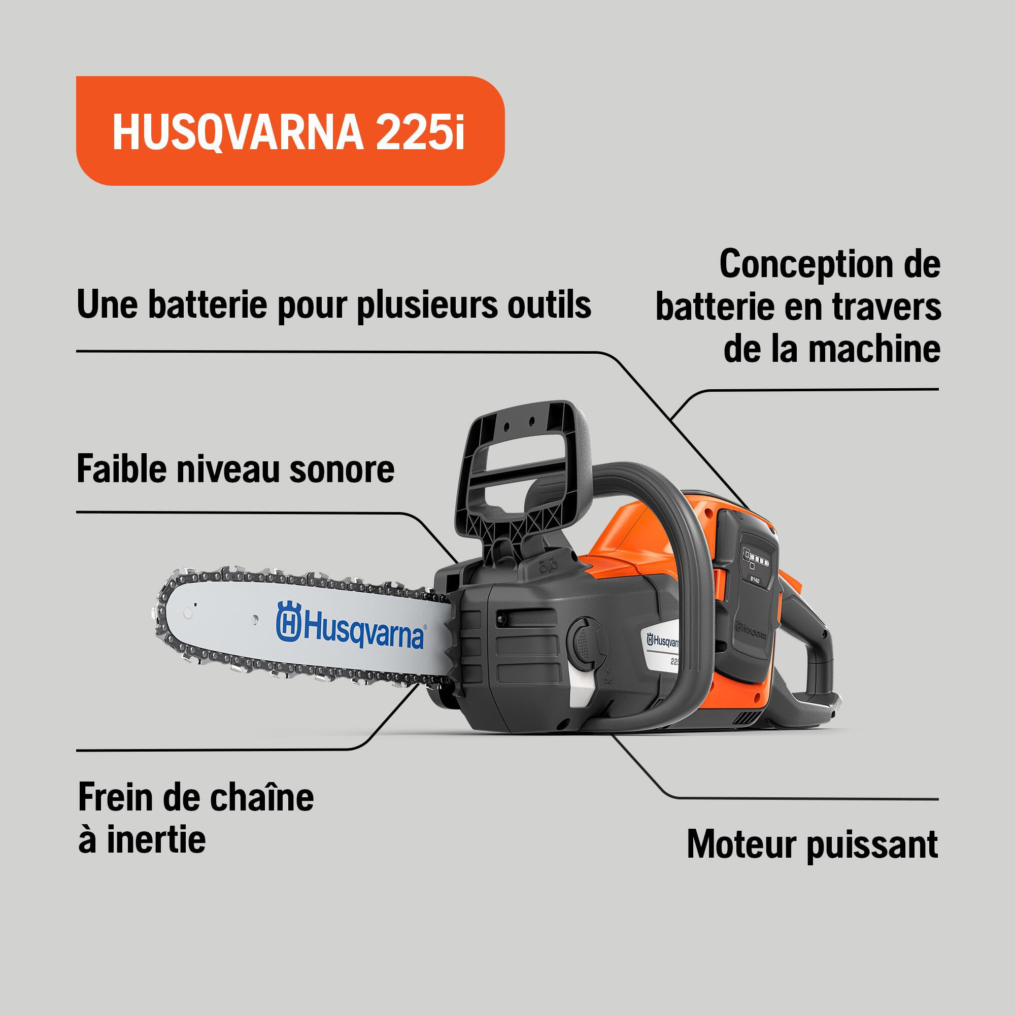 Husqvarna 225i : Tronçonneuse à batterie 36V avec batterie et chargeur inclus, légère, silencieuse, guide 30 cm, vitesse de chaîne 20 m/s. Idéale pour l’élagage et l’entretien du jardin.