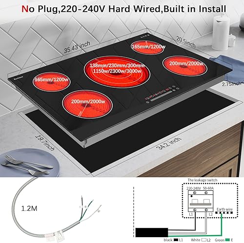 Miniatura 3 de Karinear Estufa eléctrica de 36 pulgadas, estufa eléctrica de 5 quemadores, placa de cerámica eléctrica radiante de vidrio integrada, zonas