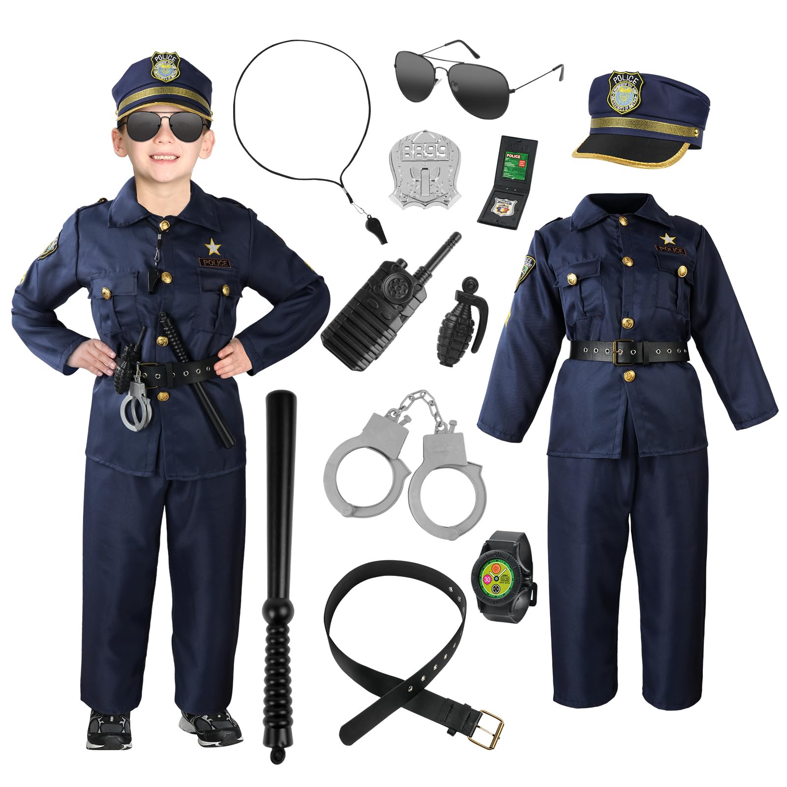 Aomig Police Costumes Kids Policeman Uniform, 13 Pcs Police Officer Outfit Dress Up, Fancy Policeman Dress Up Costume Children Police Officer Costume for Roleplay Halloween Carnival World Book Day(L)