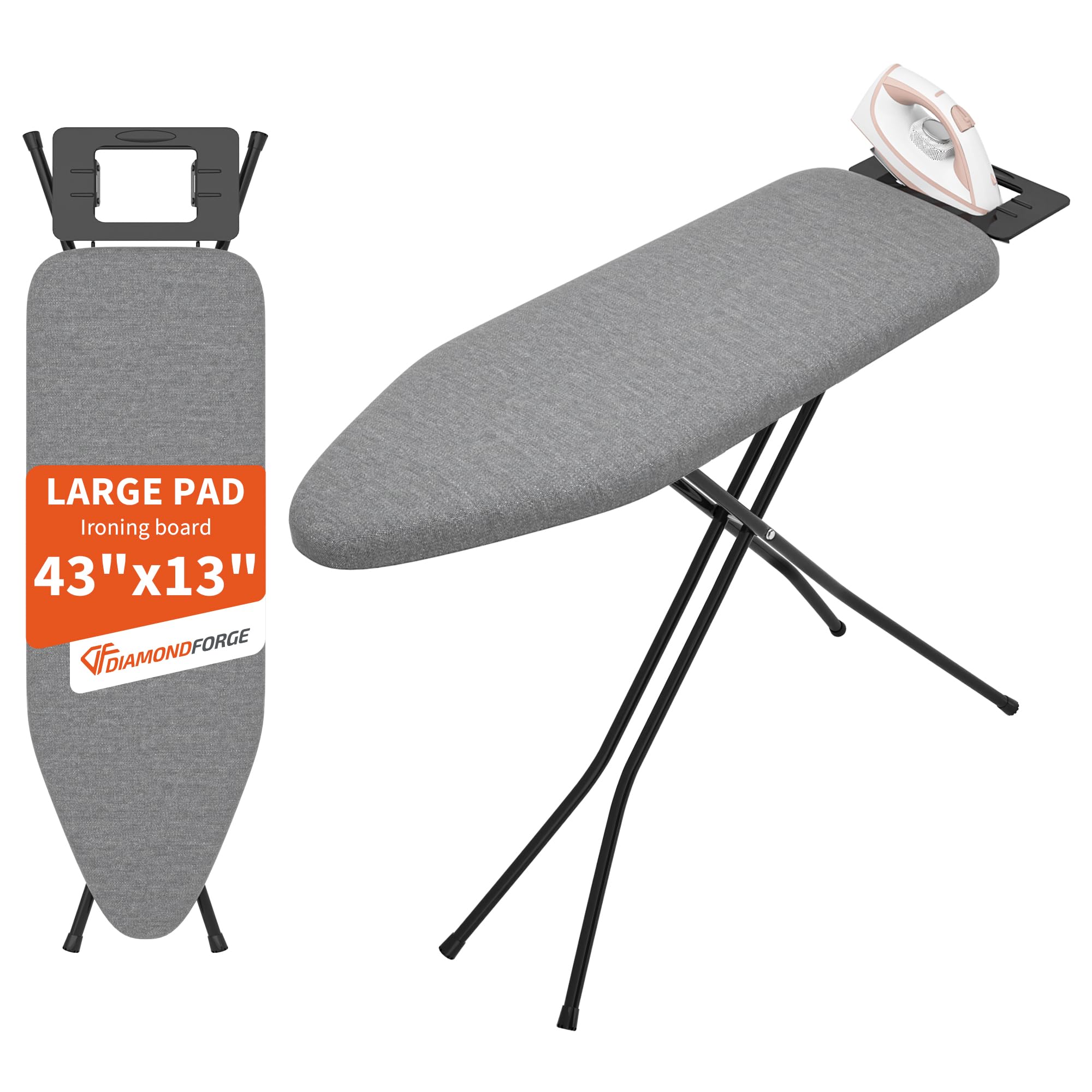 Ironing Board, 43"×13" with Iron Rest, Sturdy Iron Board with 7 Adjustable Heights, 3 Layer Heat Resistant Cover and Pad for Home Apartment Dorm Laundry Room, Gray