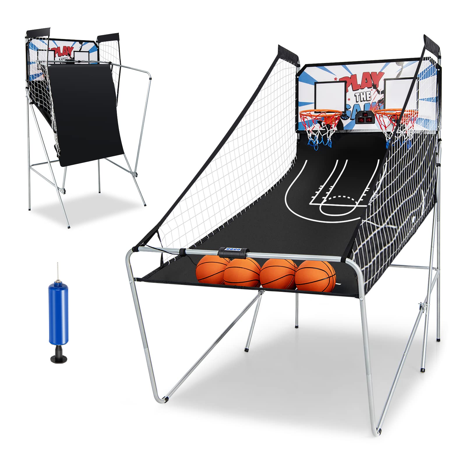 GYMAX Automat Basketballkorb, faltbar Elektronische Basketballspiel mit 8 Spieleinstellungen & elektronischer Anzeigetafel, Schießmaschine inkl. 4 Bällen & 2 Fangkörben (Schwarz)