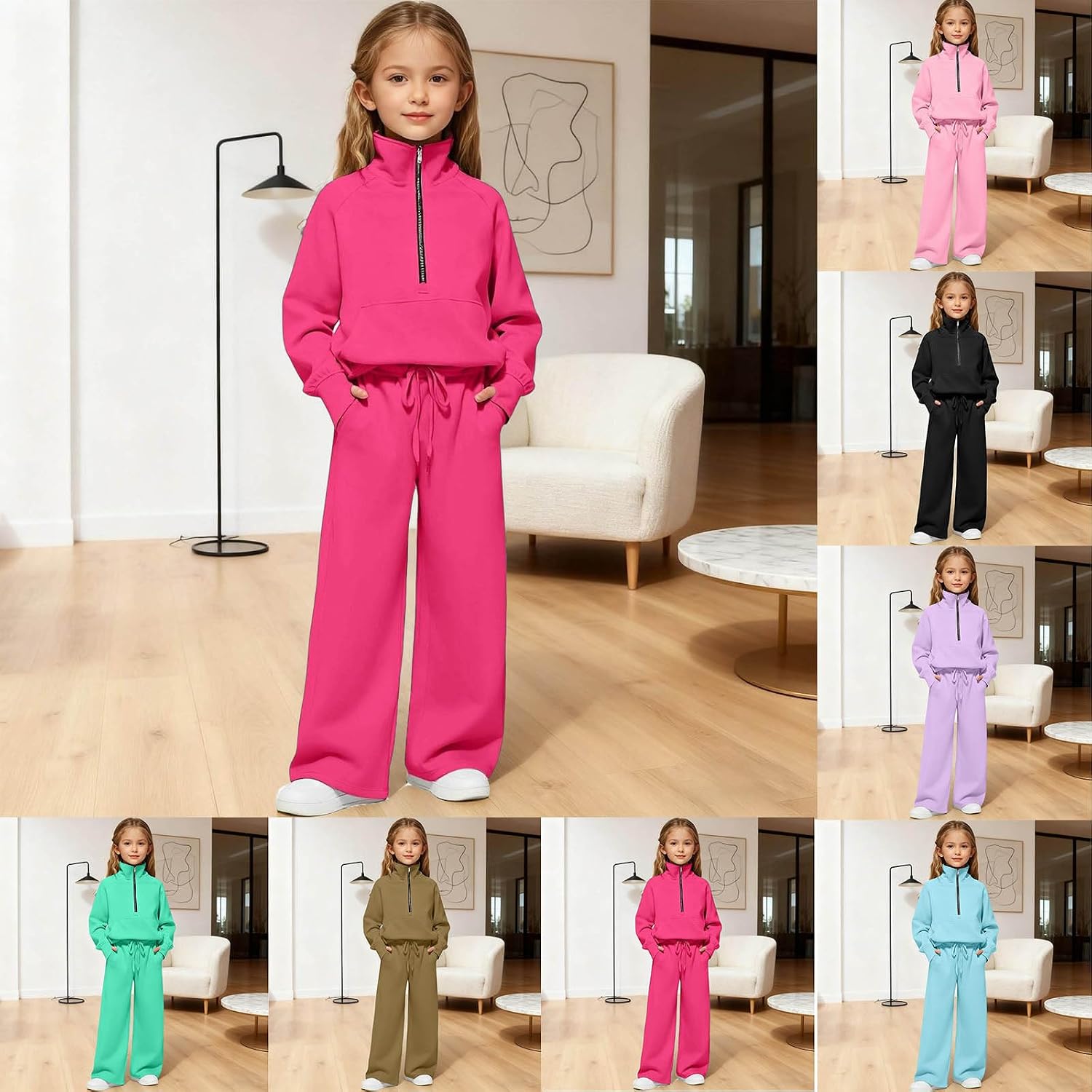 Girls Sweatsuit Set Fleece Pullover Hoodie Girls Half zip Sweatshirt and Sweatpants Tracksuit Fall Winter Clothe Set