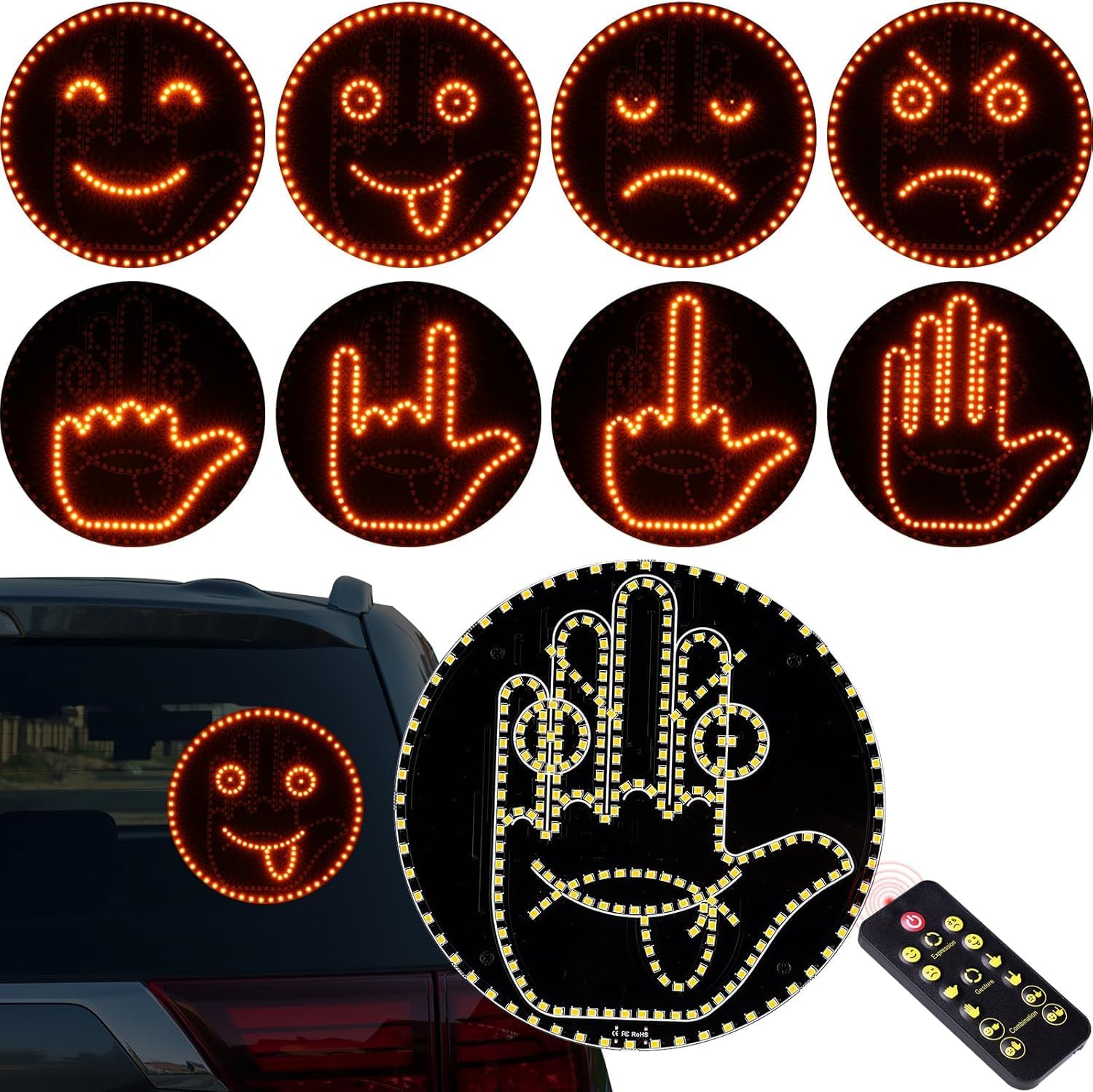 STHIRA® Car Rear Windshield Window Light with Remote Control for Creative Smiley Face and Hand Gesture LED Decorative Display, 8 Visual Patterns, USB-C Plug and Go, Battery Operated (No Battery-image-9