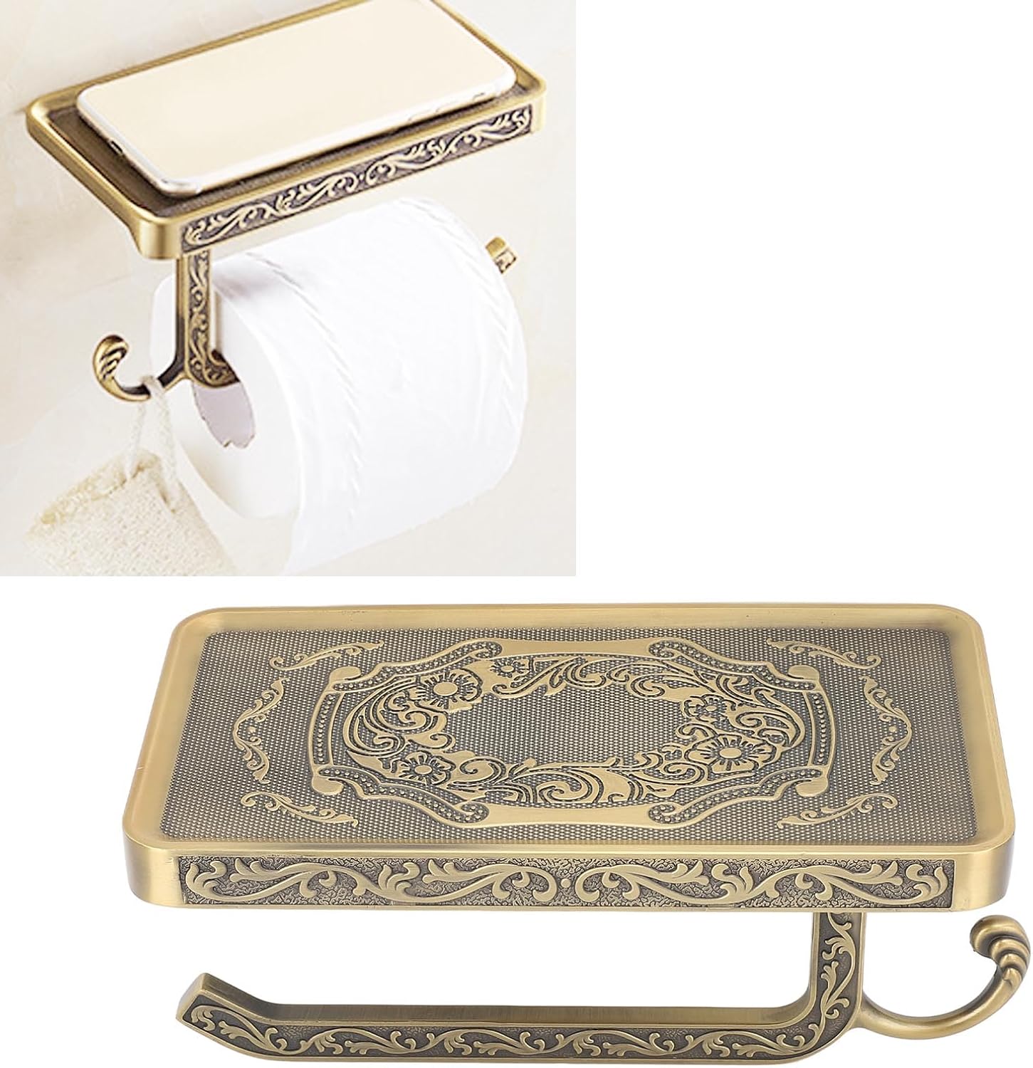 Vintage Toilet Paper Holder, Multipurpose Retro Paper Towel Rack Elegant Zinc Alloy Paper Roll Double Layer Bathroom Tissue Holder with Shelf Wall Mount for Bathroom Kitchen (A3)