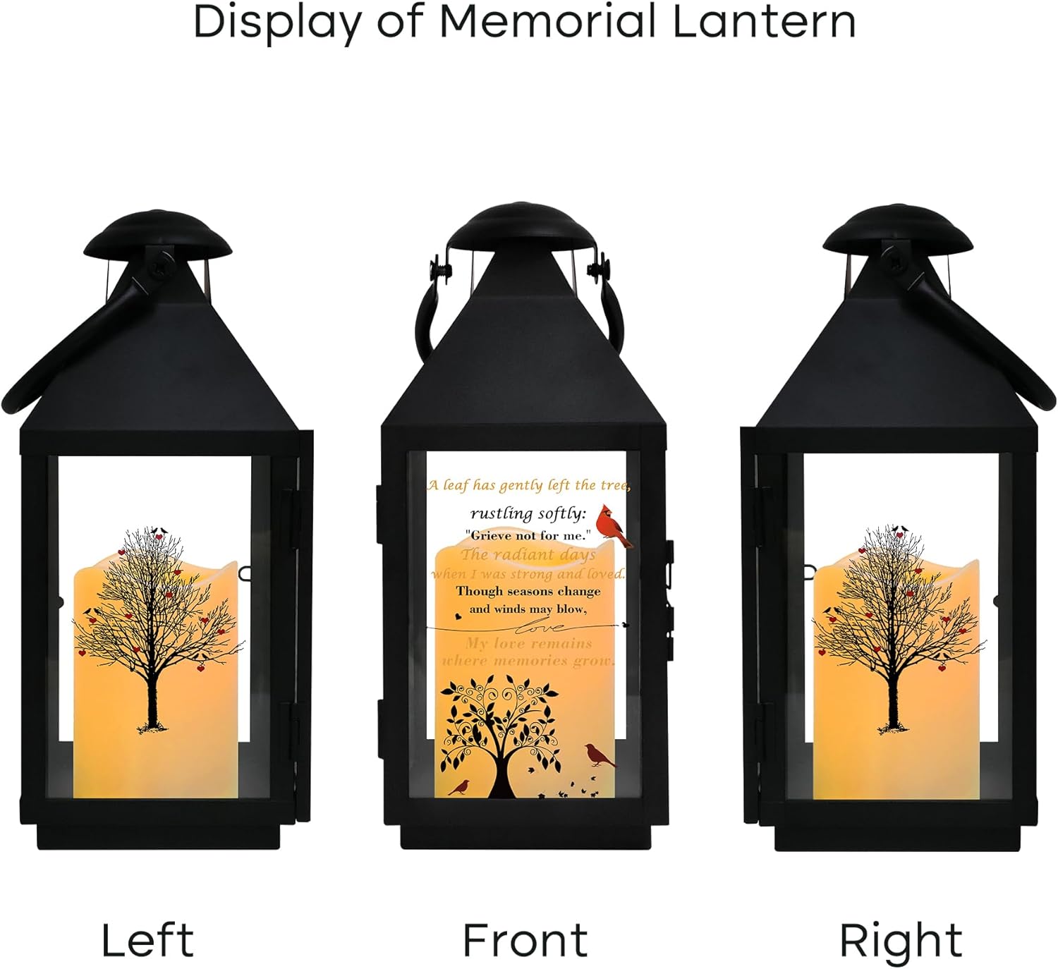 Cardinal & Tree Memorial Lantern – （Black） Pure Iron Bereavement Gift, Solar Candle Lantern for Funeral, Celebration of Life or Home