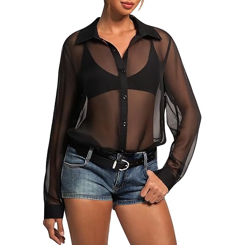 Womens Sheer Mesh Long Sleeve Tops See Through Oversized Button Down Shirts Blouse Going Out Tops