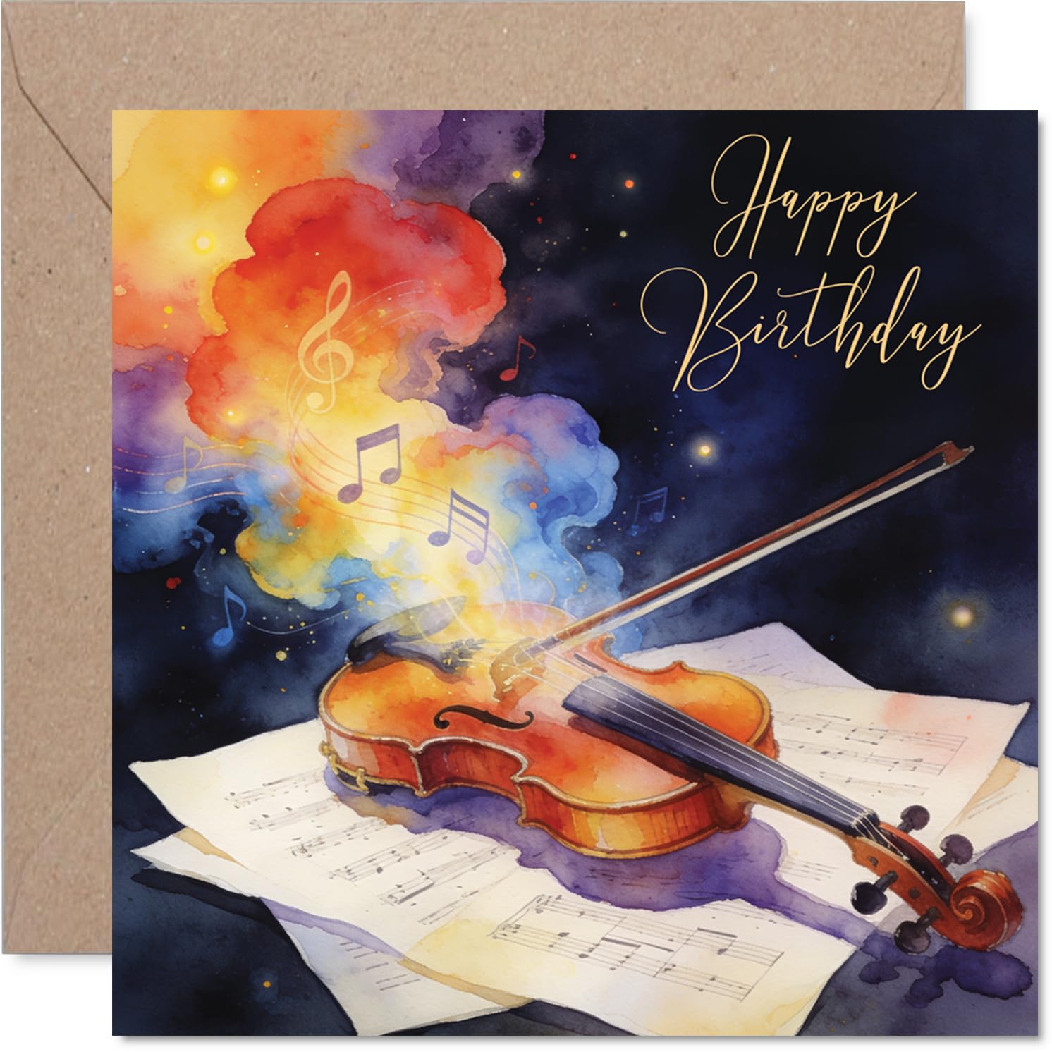 Heartfelt Birthday Card - Celebrate in Style - Vibrant Watercolour Violin with Musical Notes and Cheerful Colours - 145mm Square, Envelope Included
