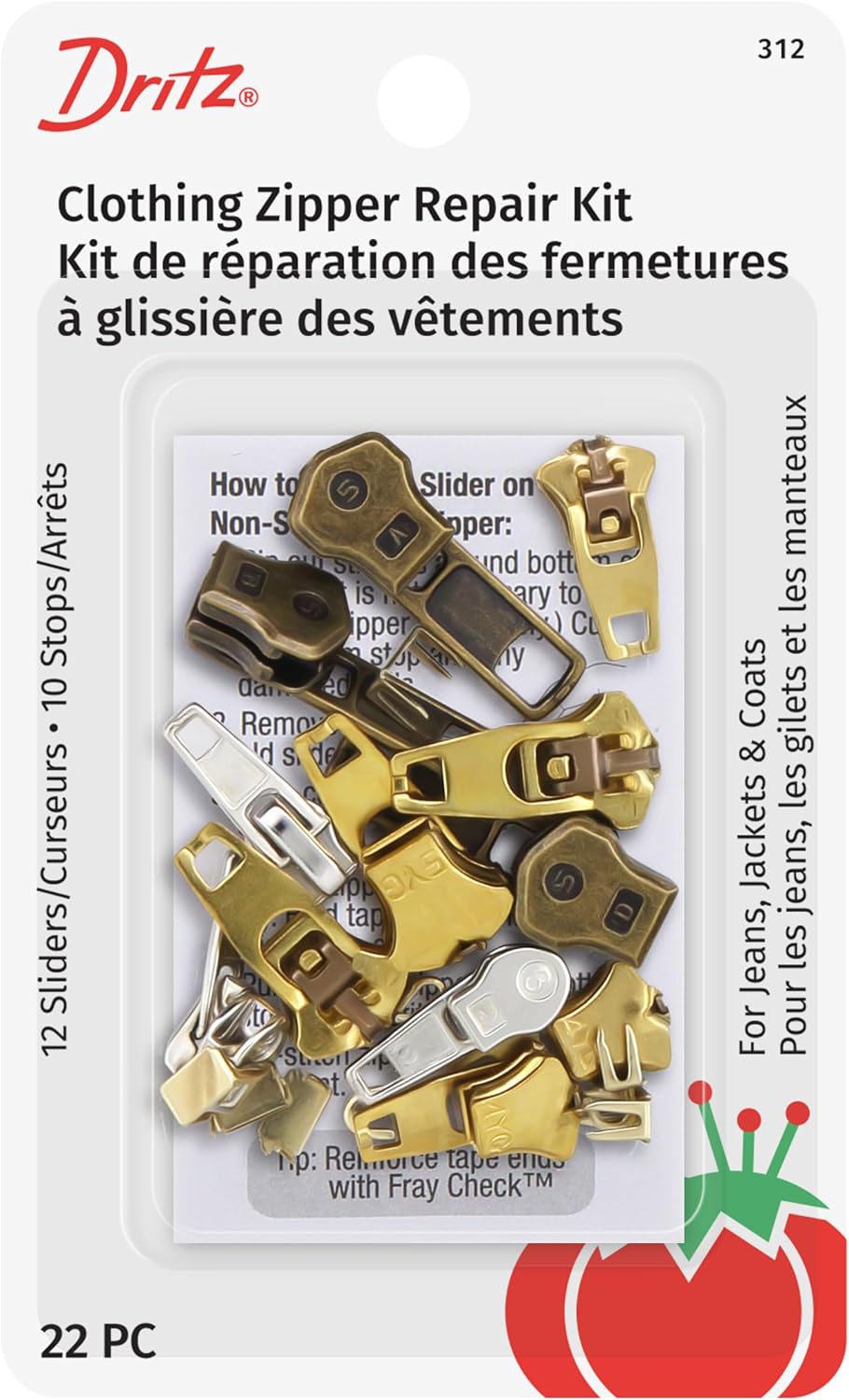 Dritz Clothing Zipper Repair Kit, 22 Count of Assorted Sliders & Stops