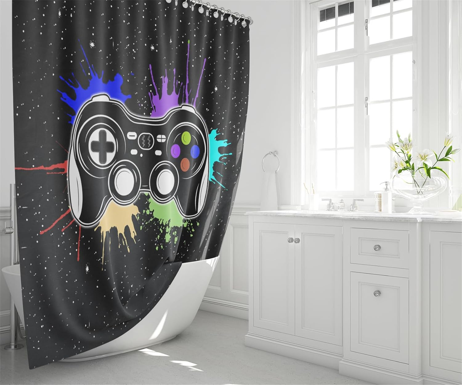 4 Pcs Gaming Shower Curtain Set for Bathroom - Gamepad Bathroom Set for Boys, Game Shower with Rugs, Kids Curtain Splash Color Game Controller with 12 Hooks, 70" x 70"