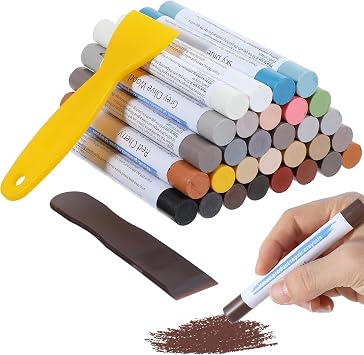 30 Colored Wood Filler Sticks, Wood Filler Putty Stick Kit with 2 Scrapers, 30 Colors Wax Crayons for Furniture Repair, Scratch Cover for Baseboard Cabinets Floors Tables Doors