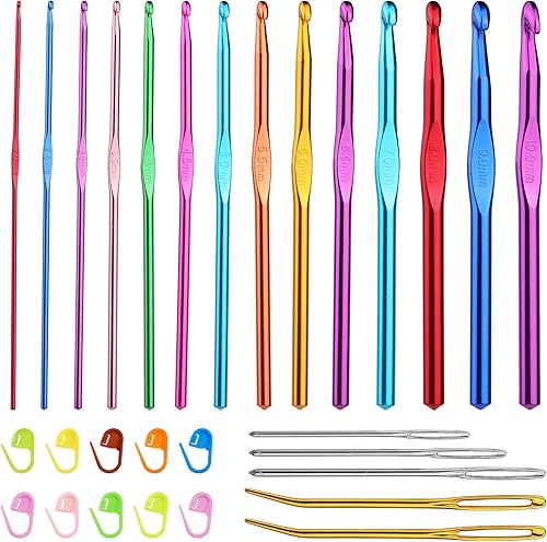BAGERLA Ganchos de ganchillo de 14 tamaños (0.08-0.039 pulgadas), juego de ganchos ergonómicos de aluminio multicolor con aguja de hilo de ojo