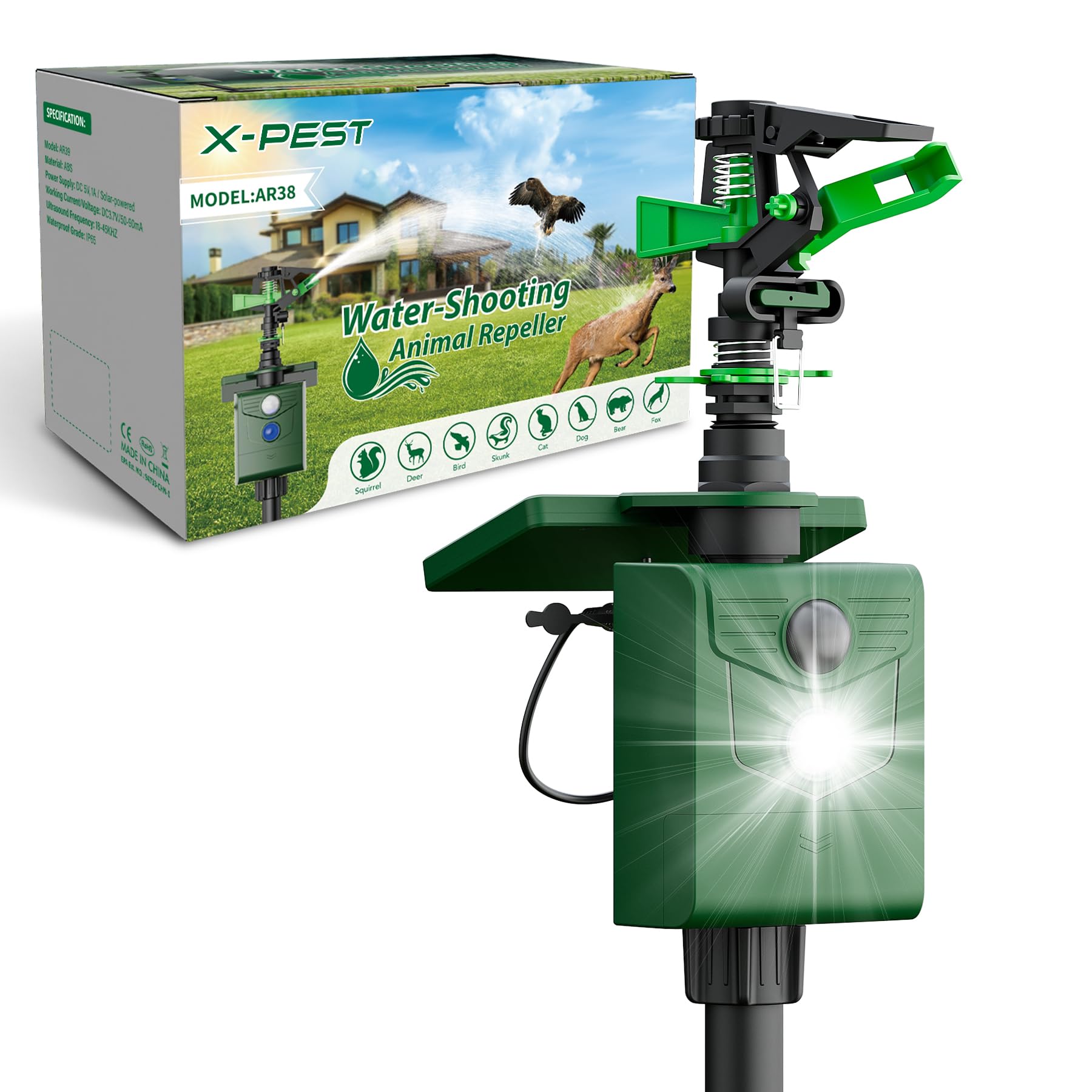 2 Pack Solar Motion Activated Animal Repeller – Water Sprinkler & Flashing Light To Deter Deer, Cats, Raccoons, Skunks