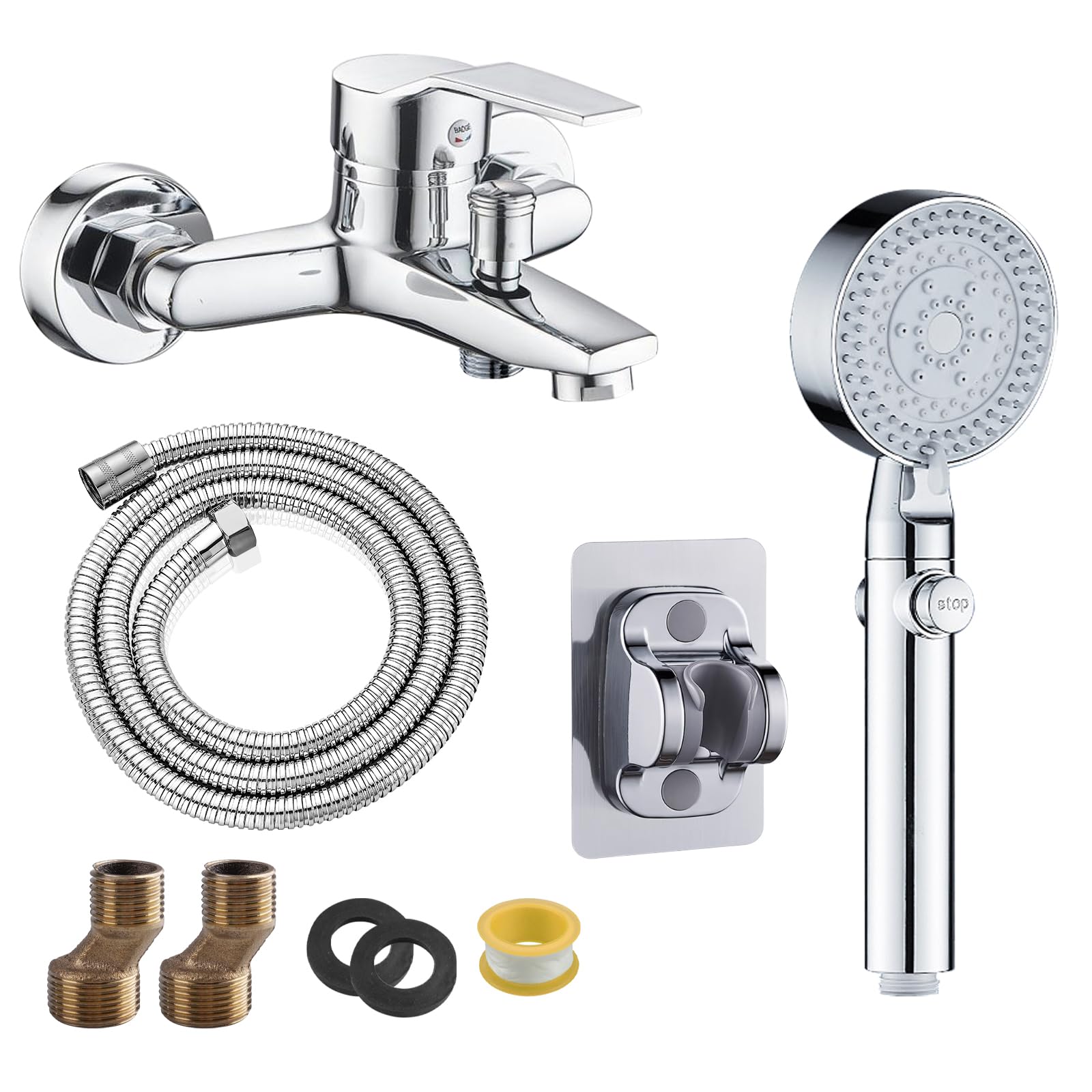 suaywo Bath Shower Mixer Tap Attachment Single Lever Tub with 1.5m Stainless Hose & No-Drill Base Bath Mixer Tap with Shower Single Lever Bath Shower for Bathroom Bathtub & Shower(Silver)