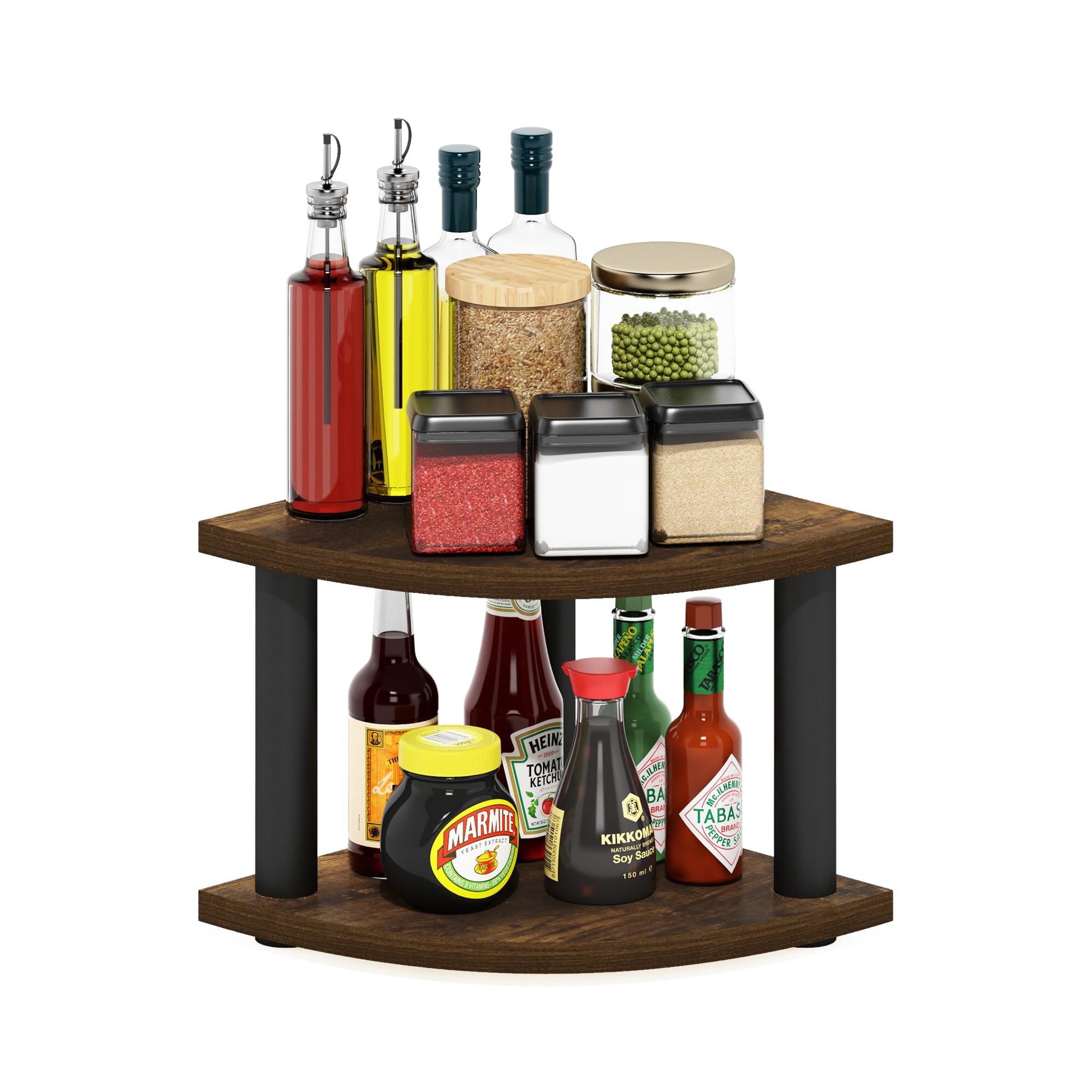 Furinno TURN-N-TUBE Kitchen Countertop Organizer, 2-Tier Corner Countertop Organizer Shelf, Corner Shelf, for Kitchen, Pantry, Organizers and Storage, Amber Pine