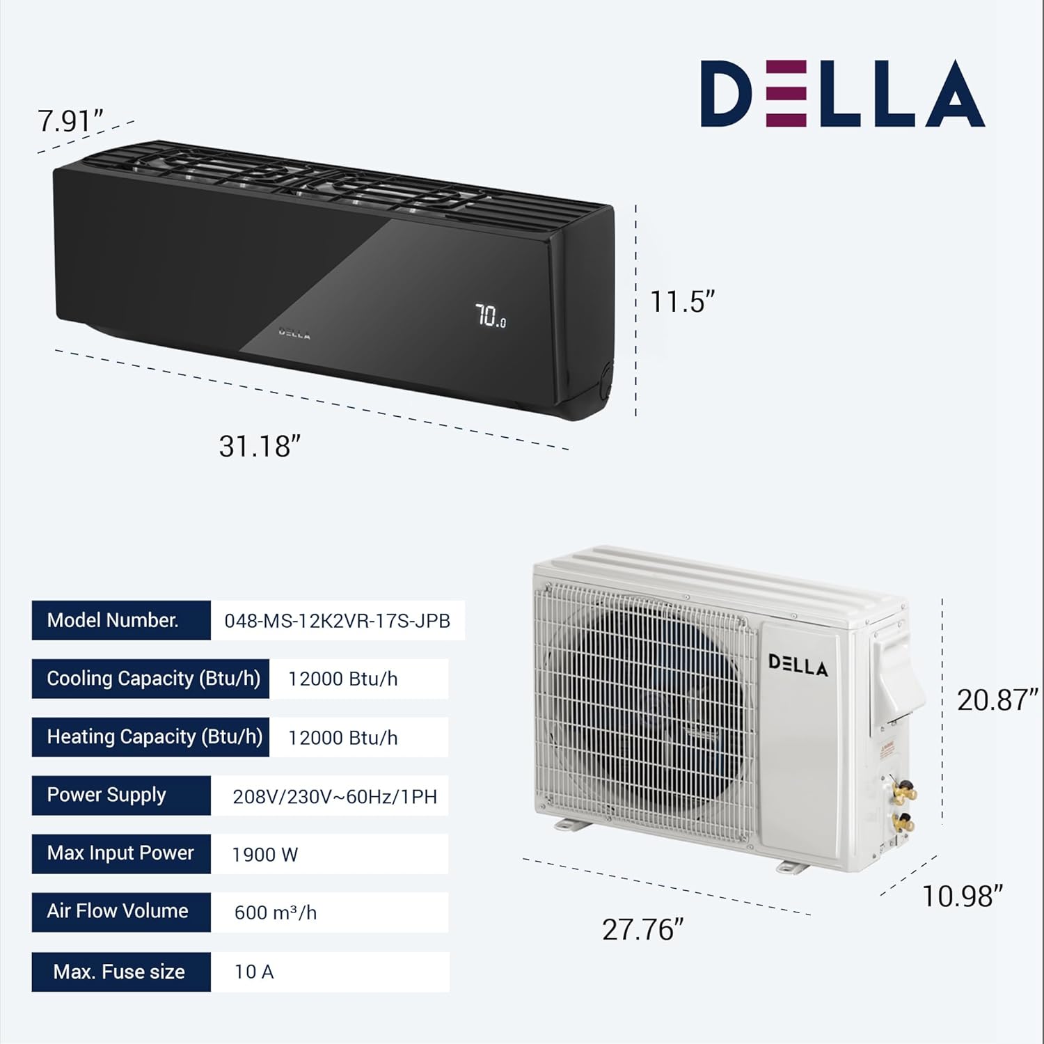 Diagram showing dimensions and specifications of the Della mini split indoor and outdoor units