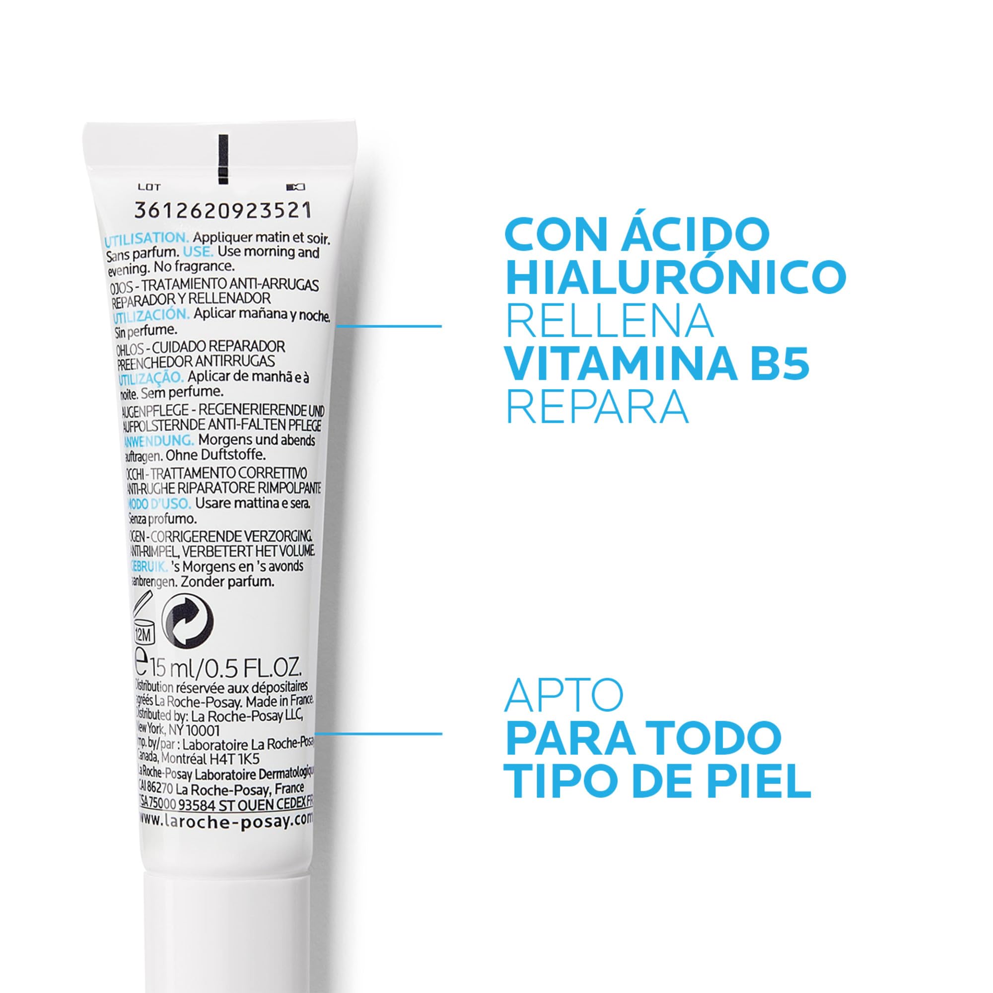 La Roche Posay Crema Anti-arrugas para el Contorno de Ojos, Tratamiento Reparador y Rellenador, Apto para Pieles Sensibles, Fórmula con Ácido Hialurónico y Vitamina B5, Hyalu B5, 15 ml