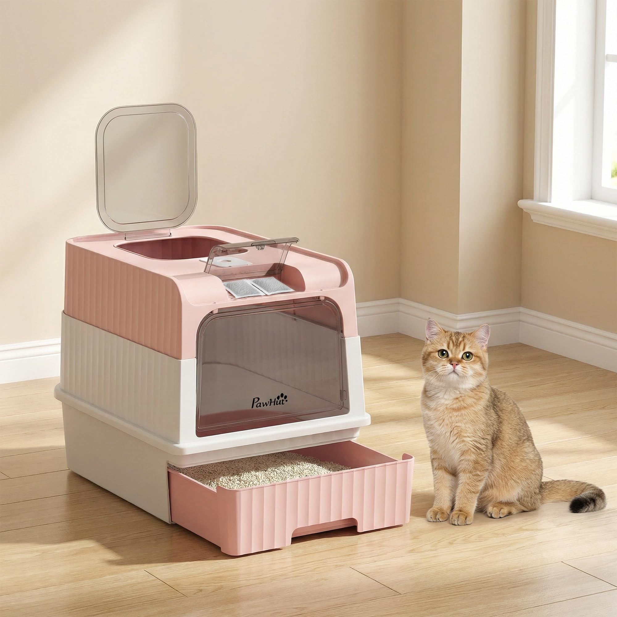 PawHut Litière Chat avec Couvercle, tiroir amov., Pelle, intimité, Rose