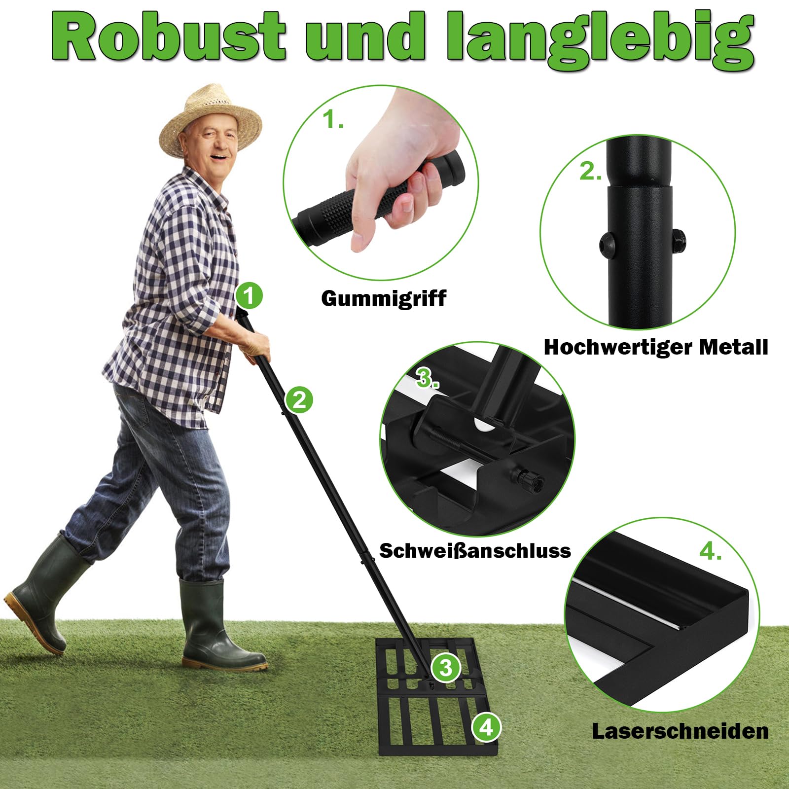 UISEBRT Rasqueta de metal 3 en 1 de 25 x 75 cm, rastrillo de jardín multifunción con mango – Rasqueta para nivelación de césped, arena para jardín, patio, golf, color negro
