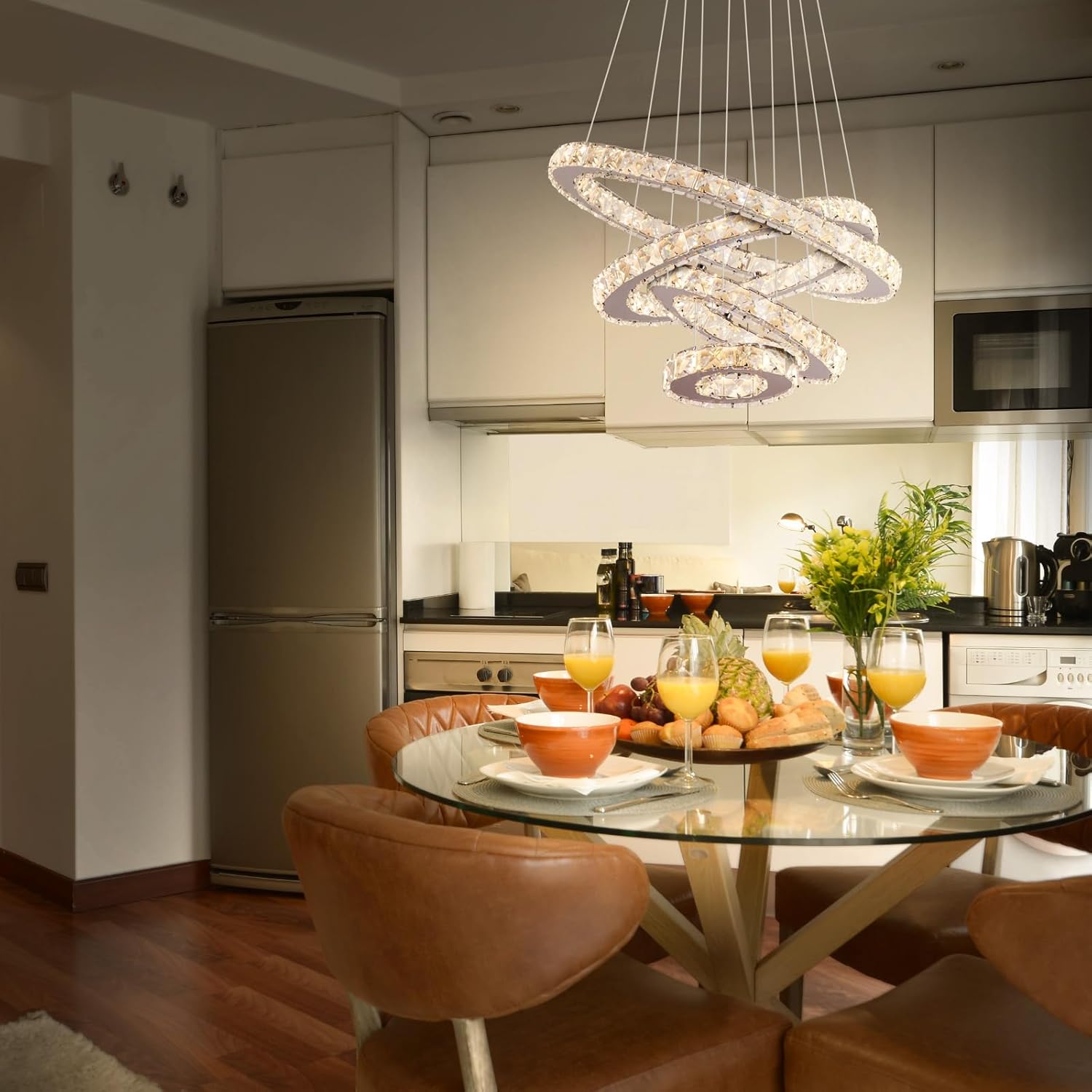 Dimmable Crystal LED Chandelier(3000-6500K) for High Ceiling – Remote Control, Adjustable Height, Modern Stainless Steel Fixture for Foyer, Staircase, Living Room(Chrome 4-Ring)