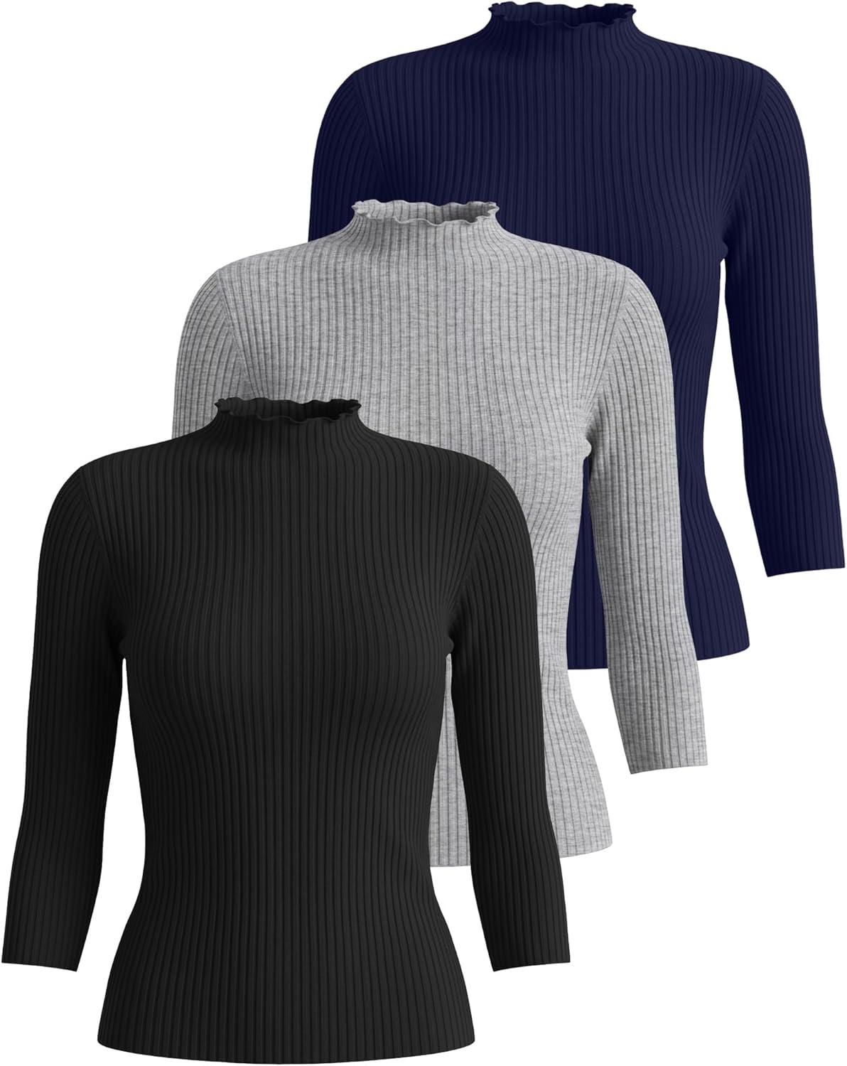 3 Pack Women's Cotton 3/4 Sleeve Mock Turtleneck Tops Lettuce Trim Ribbed Shirts Slim Fit Casual Basic Tees - Image 3