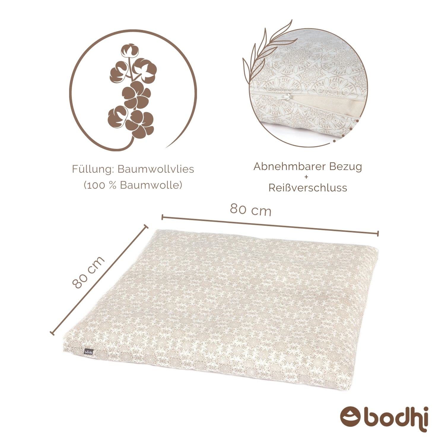 Bodhi Meditationsmatte ZABUTON aus Maharaja Collection | Gemusterte Yoga Matte mit abnehmbarem Bezug aus Bio-Baumwolle | Meditationskissen Unterlage | Maße 80 x 80 x 6 cm
