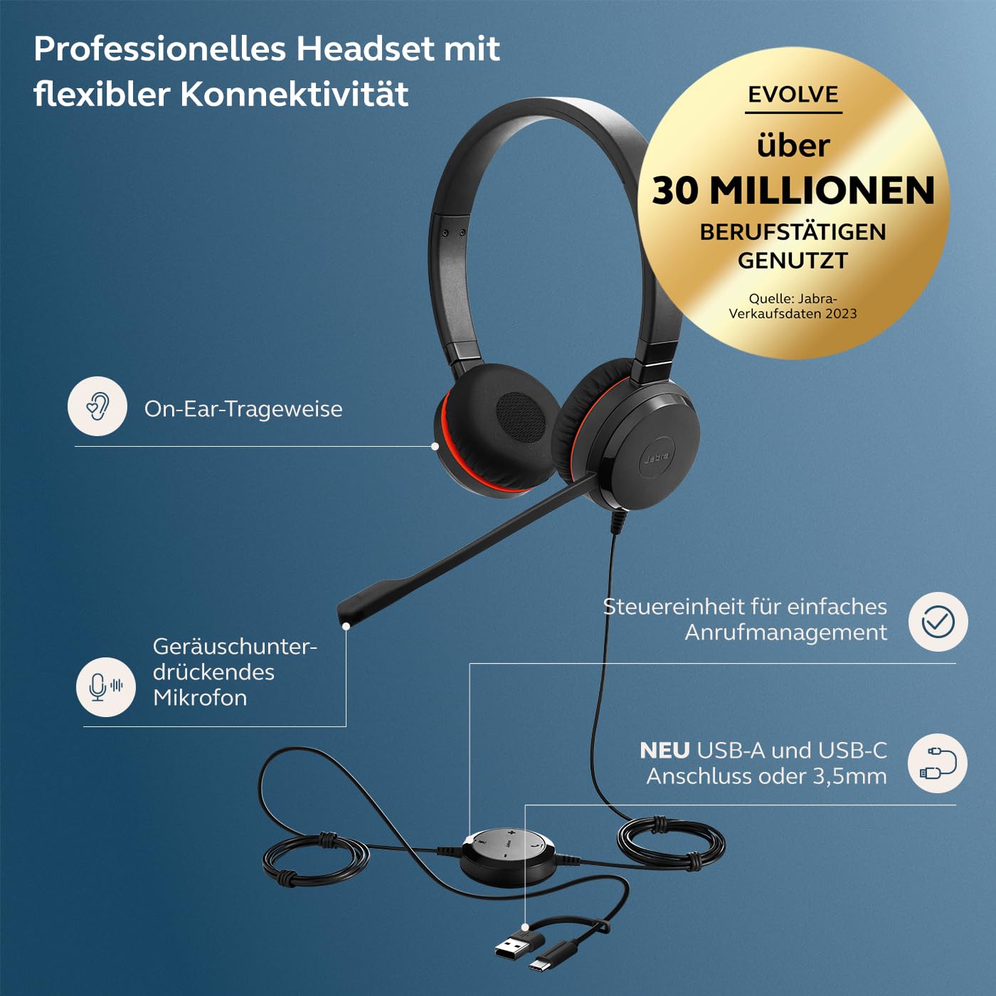 Jabra Evolve 30 II Microsoft Teams Stereo-Headset mit Anrufsteuerung Geräuschunterdrückung USB-C/A Schwarz