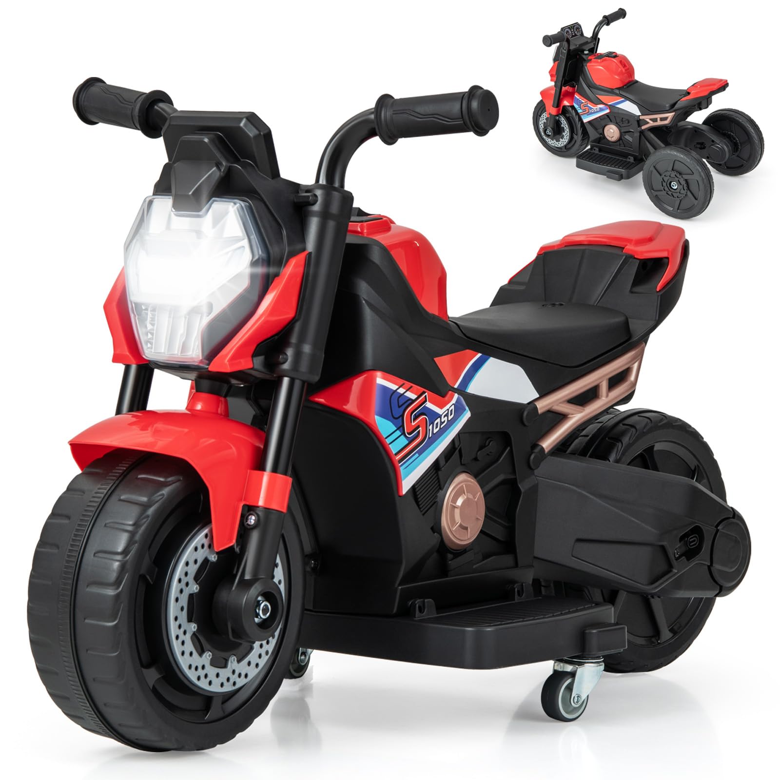 COSTWAY 6V Kids Electric Motorbike, 3 Wheel Toddler Ride on Motorcycle with Detachable Training Wheels, LED Light, Music, Battery Powered Vehicle Toy for 18-36 Months Old (Red)