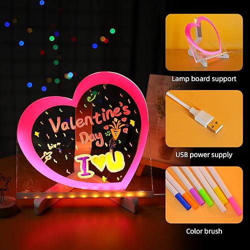 Miniatura 7 de ENUOLI Pizarra acrílica de borrado en seco con corazón rosa claro, pizarra blanca de escritorio, lámpara LED, tablero de mensajes LED con soporte